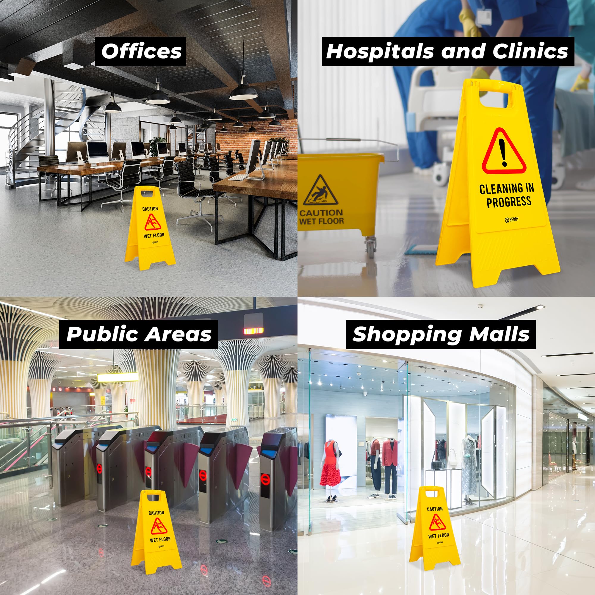 Berry Señal de advertencia de suelo húmedo de precaución amarilla | Señal de piso tipo A plegable | Señal de advertencia 2 en 1 de doble cara para tiendas, hoteles, restaurantes y centros comerciales