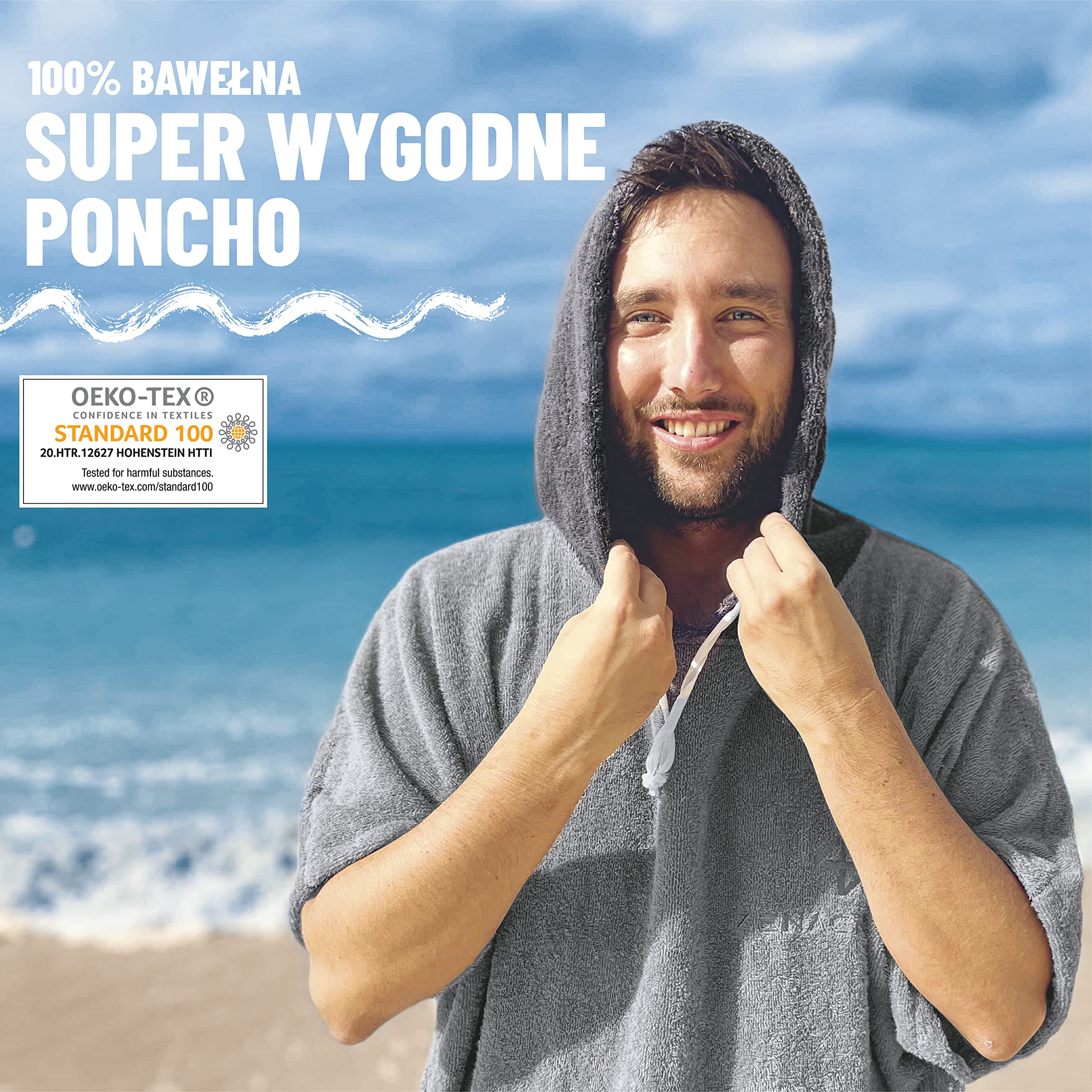 Poncho kąpielowe i sportowe - L/XL - 100% bawełna frotte - damskie poncho, męskie poncho, dla dorosłych i dzieci - idealne na plażę, basen i basen oraz ręcznik - jasnoszare