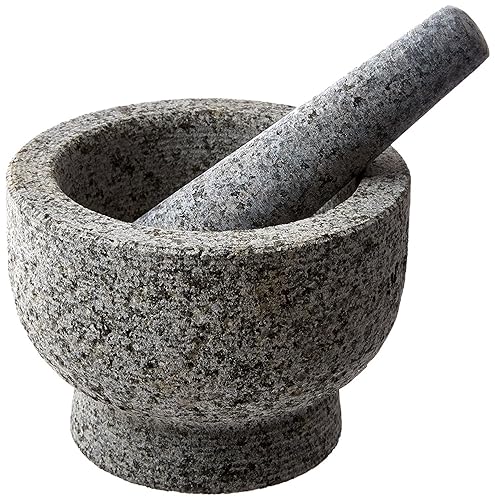 Kota Japan Juego de 2 tazas de mortero y mortero de piedra natural de granito pesado de 6 pulgadas y molinillo para especias, hierbas, condimentos,