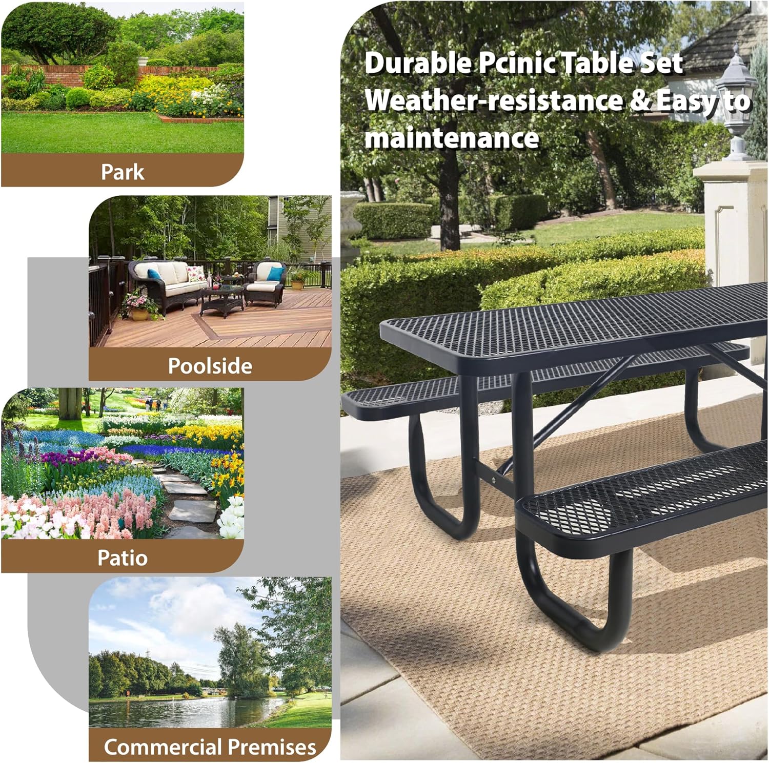 4FT Rectangular Metal Picnic Table for Outdoors, Commercial Steel Metal Picnic Tables, Heavy Duty Sturdy Picnic Tables Furniture Set for Patio Garden Courtyard BBQ, with Umbrella Hole, Black