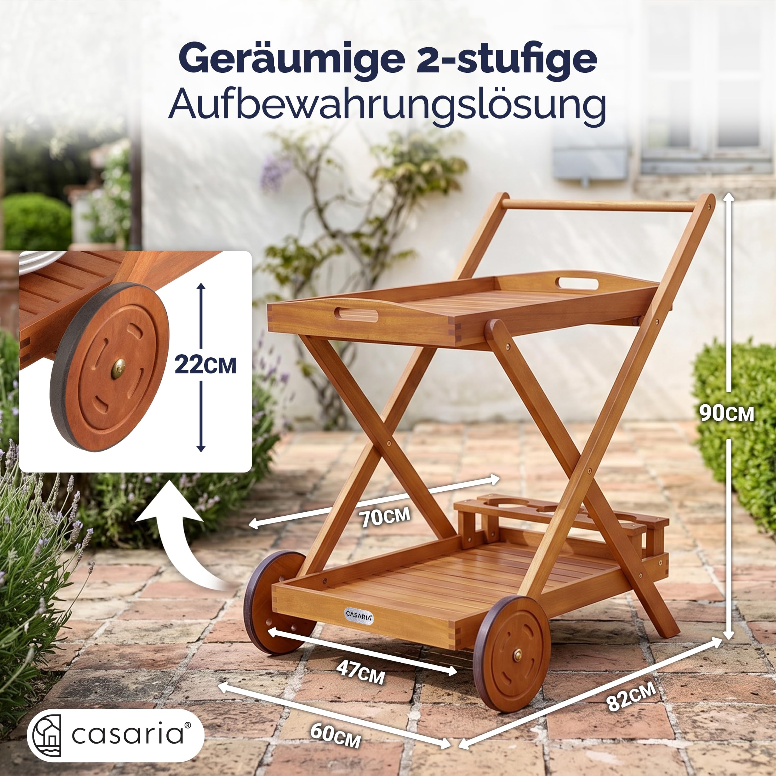Casaria® Servierwagen mit Rollen Holz FSC®- Zertifiziert Akazie 2 Etagen Tablett 3 Flaschenhalter Outdoor Küche Garten Terrasse Küchenwagen Rollwagen