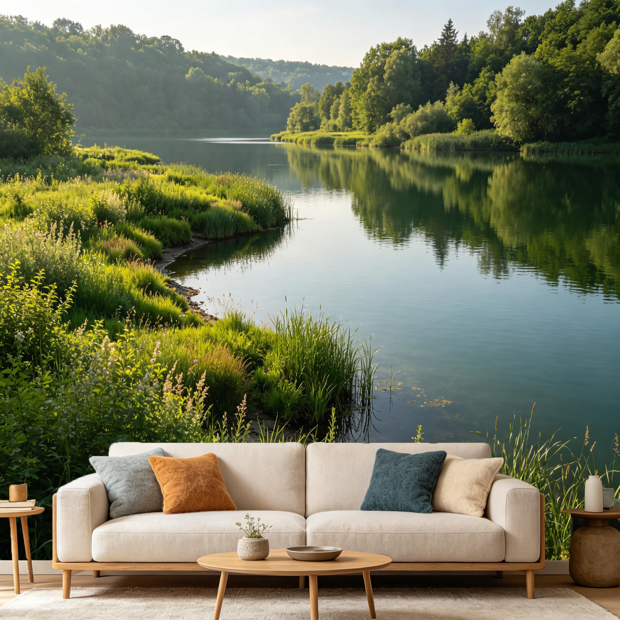 Custom Size Wall Mural Mountain Lake Landscape Forest Green Trees Calm Water SelfAdhesive Art Prints wall Fabric（No PVC） Removable Wallpaper Home Bedroom Decor