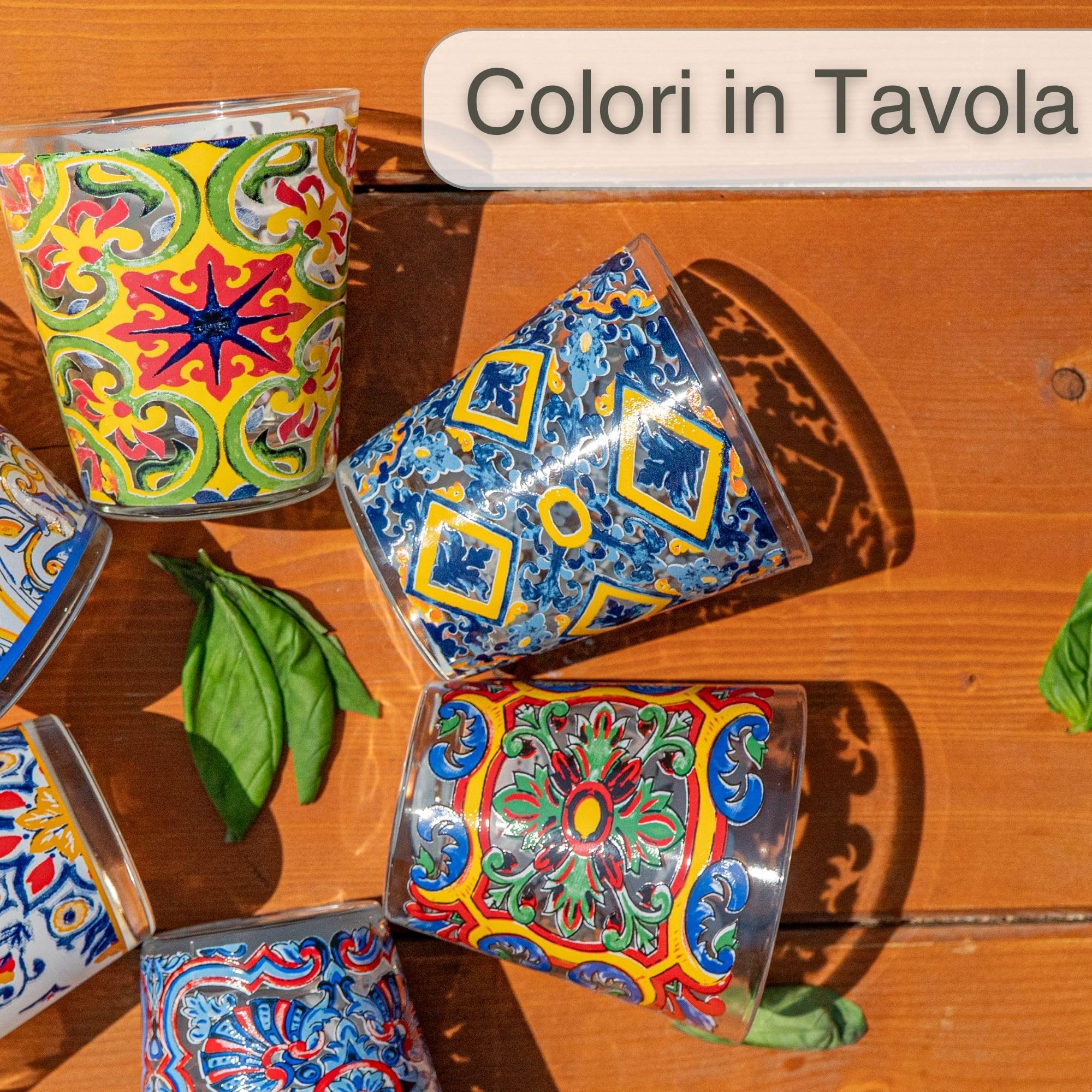 NAMAI - Set 6 Bicchieri Colorati Vetro, 270 ML, Design Unico, Adatti alla Lavastoviglie e Microonde, Vetro Resistente, Colori Vivaci, Idea Regalo, Made In Italy