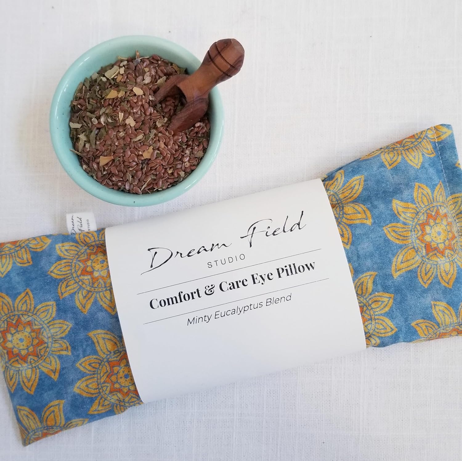 Eye Pillow with Flaxseed, Eucalyptus & Mint, Small Heat and Cold Therapy Pad, Caregiver Gift, Eco-Friendly Ingredients, Microwavable Sinus and Headache Mask - Blue Vintage Floral