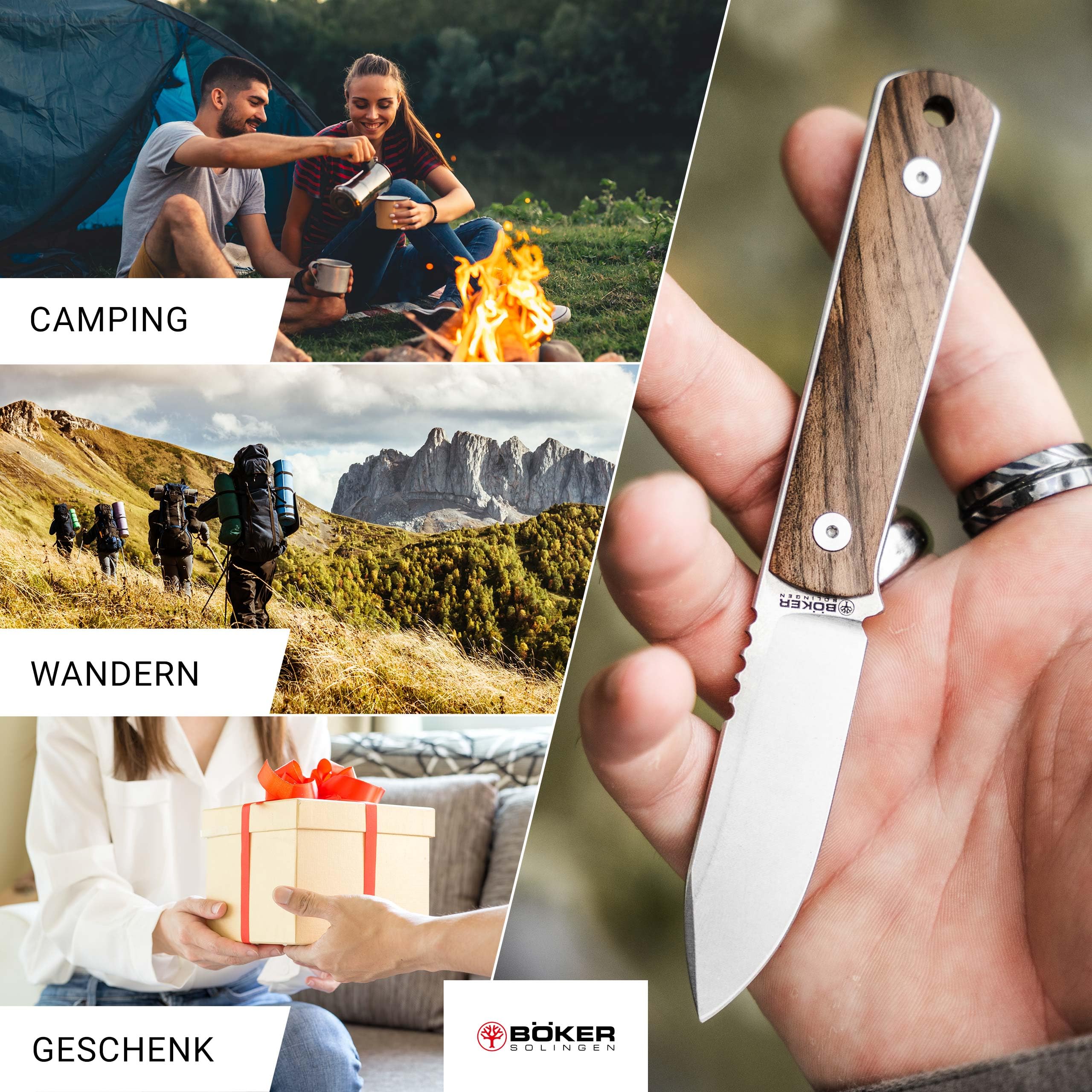 Böker SOLINGEN® BFF Packlite Walnuss – EDC Neck Knife mit feststehender 6,5 cm Klinge – Skelett-Messer extra leicht mit Holz-Griff - Halsmesser handgemacht mit Kydex-Scheide – Made in Germany
