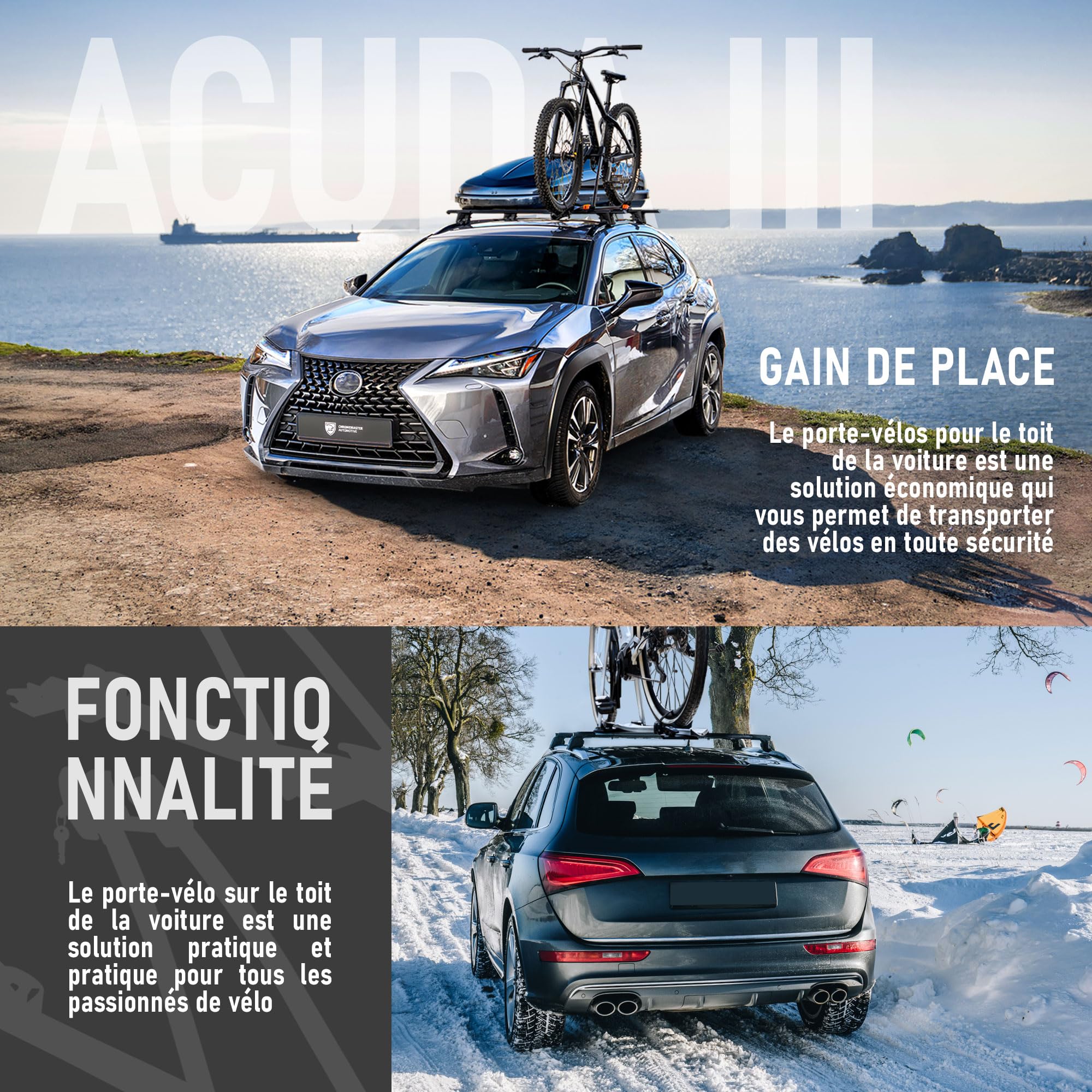 AGURI ACUDA III | Porte-vélos, Porte-vélos de Toit, Support-vélos Universel pour Le Toit de la Voiture, verrouillable | Capacité de Charge jusqu'à 20 kg | Structure en Aluminium résistante | TÜV