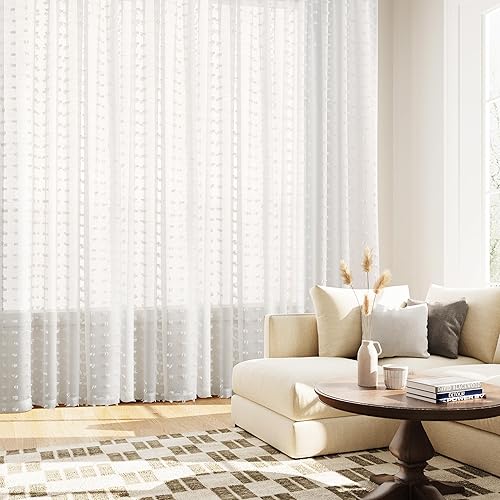 Miniatura 6 de Guken 2 paneles de cortinas traslúcidas con pompones y ojales de 84 pulgadas de largo, para sala de estar, comedor, cortinas texturizadas para