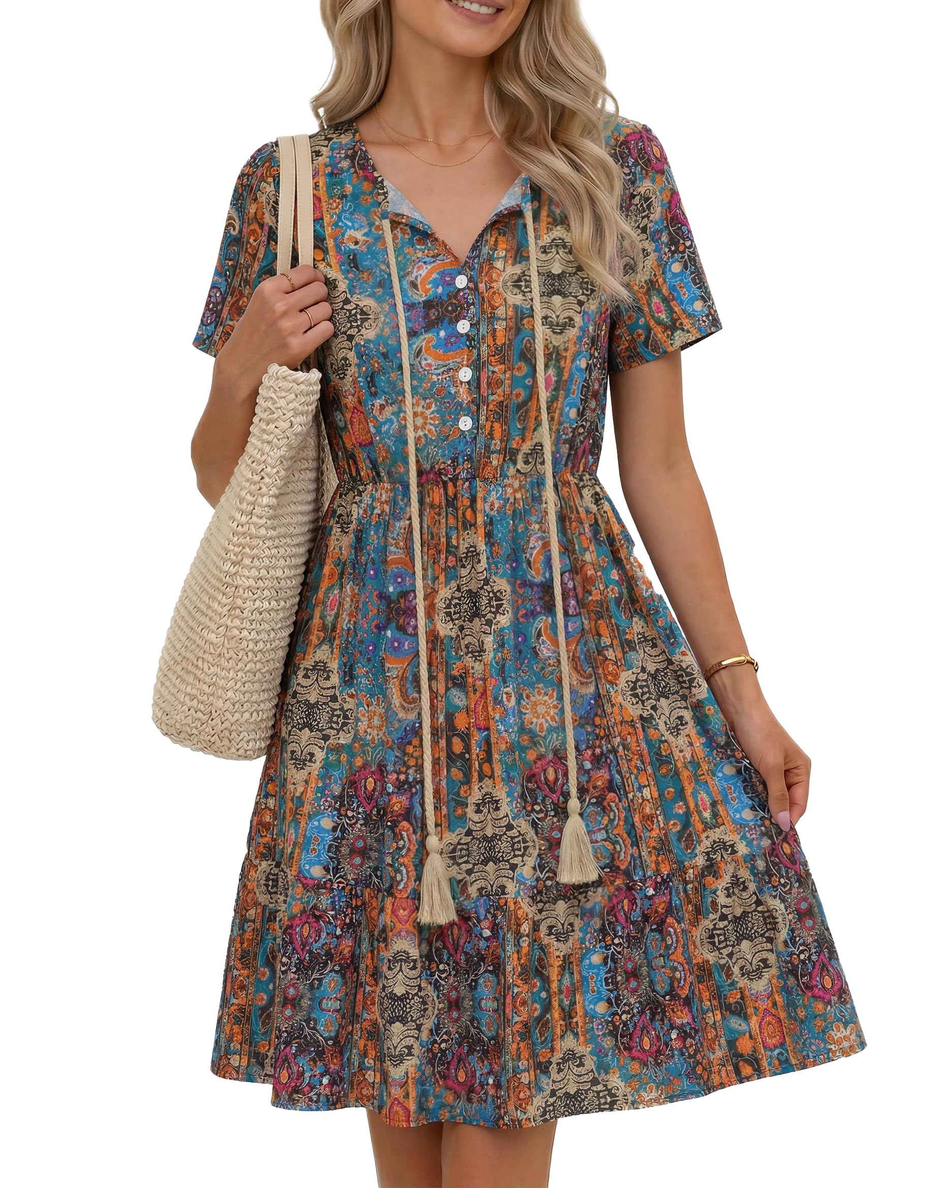 Zeagoo Strandkleid Damen Boho Sommerkleid Midi Tunikakleider Kleid Blumen V-Ausschnitt A Linie Kurzarm Lockeres Elegante Elastische Taille Vintage Freizeitkleid