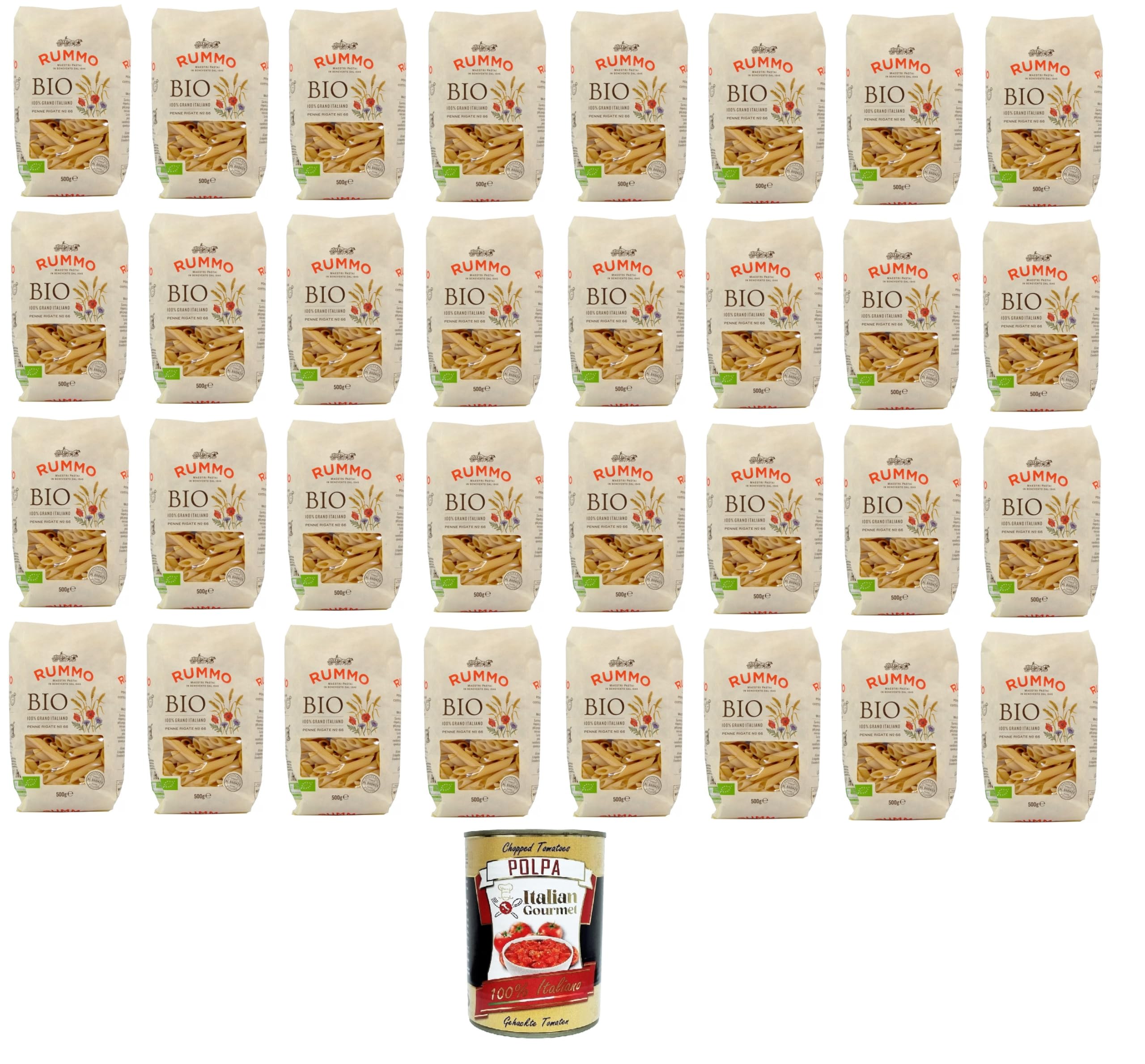 Italian Gourmet Pasta Penne Rigate Nr. 66 Hartweizen-Nudeln 32 x 500g | Ideali per salse ricche, italienische Küche, Kochfestigkeit per al dente, Gesamtnettogewicht 16 kg + Kostenlos Polpa 400g