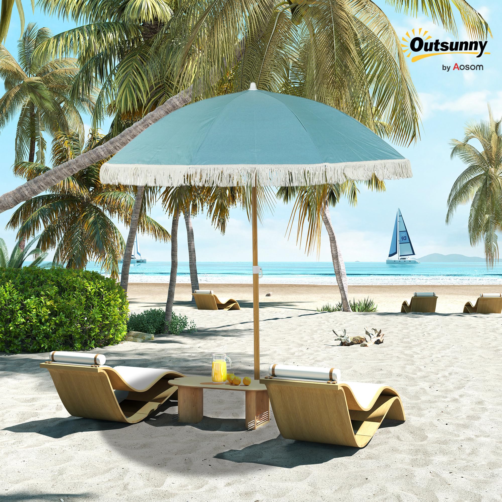 Outsunny Parasol de plage mât effet bois Ø 1,7 m, grand parasol à franges réglable en hauteur, avec protection solaire UPF50+, légère sac de transport inclus, bleu clair
