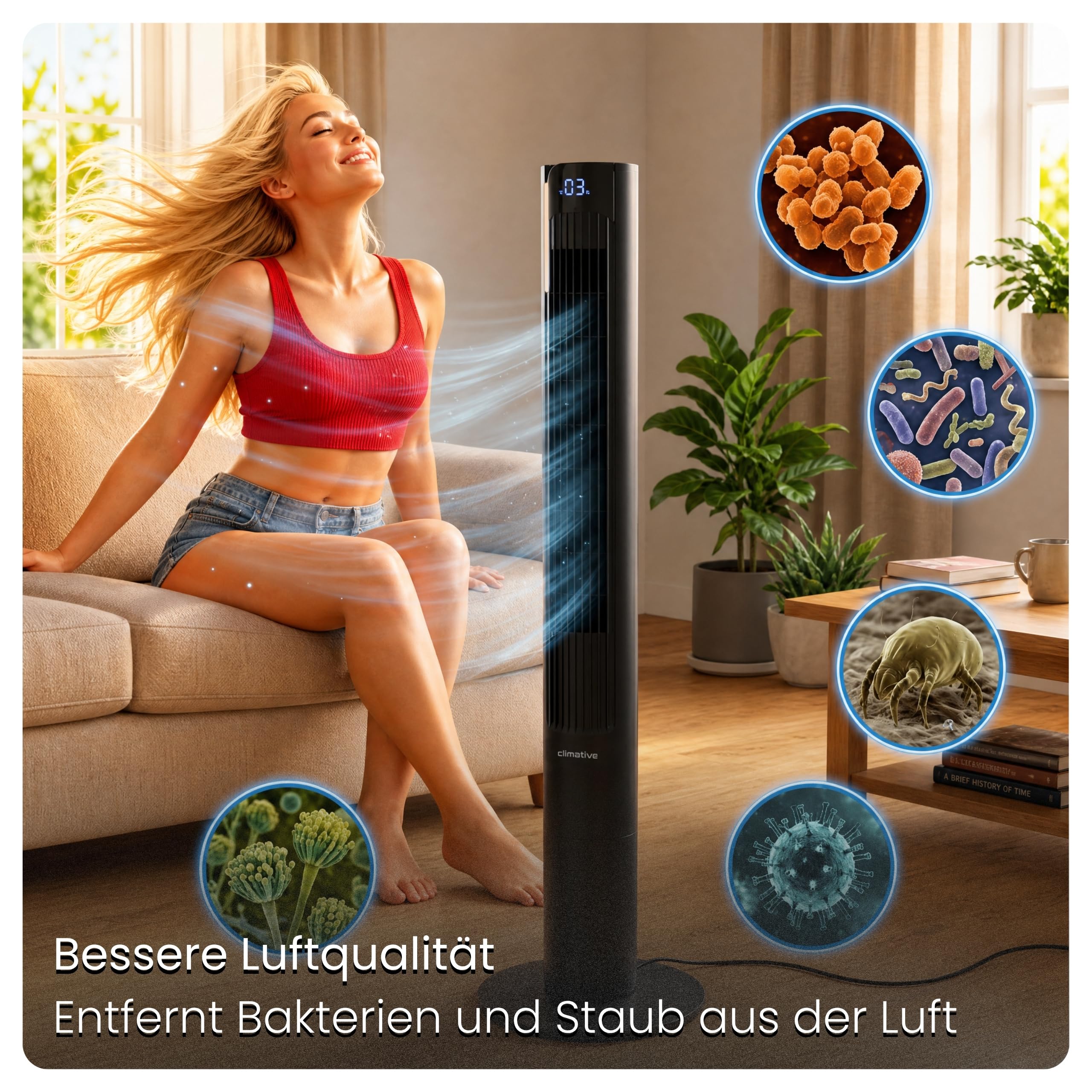 Turmventilator 115cm WiFi Tuya MAX, Ionisator, Orkanartiger 8,5m/s Wind, Nachtlicht, Oszillation, Timer, LED Display, Design Standventilator, Tower Fan, Ventilator leise Schwarz
