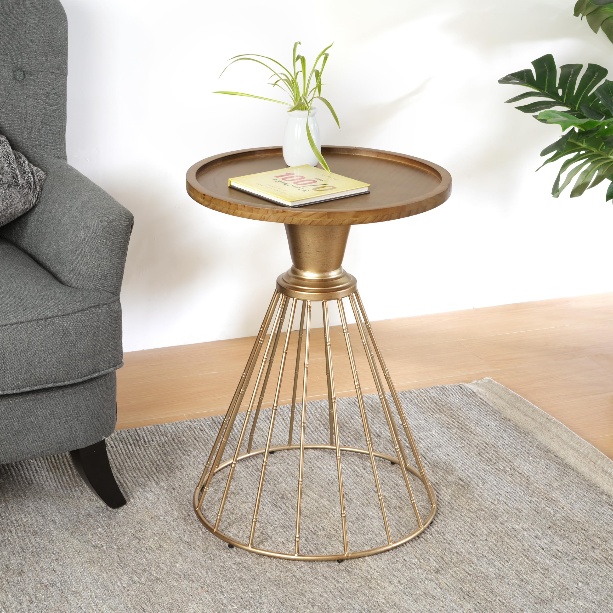 FUCIHOMA 18 Retro Side Table Hollow Edge Design - Antique Gold Metal Frame Natural Pine Wood Top Vintage