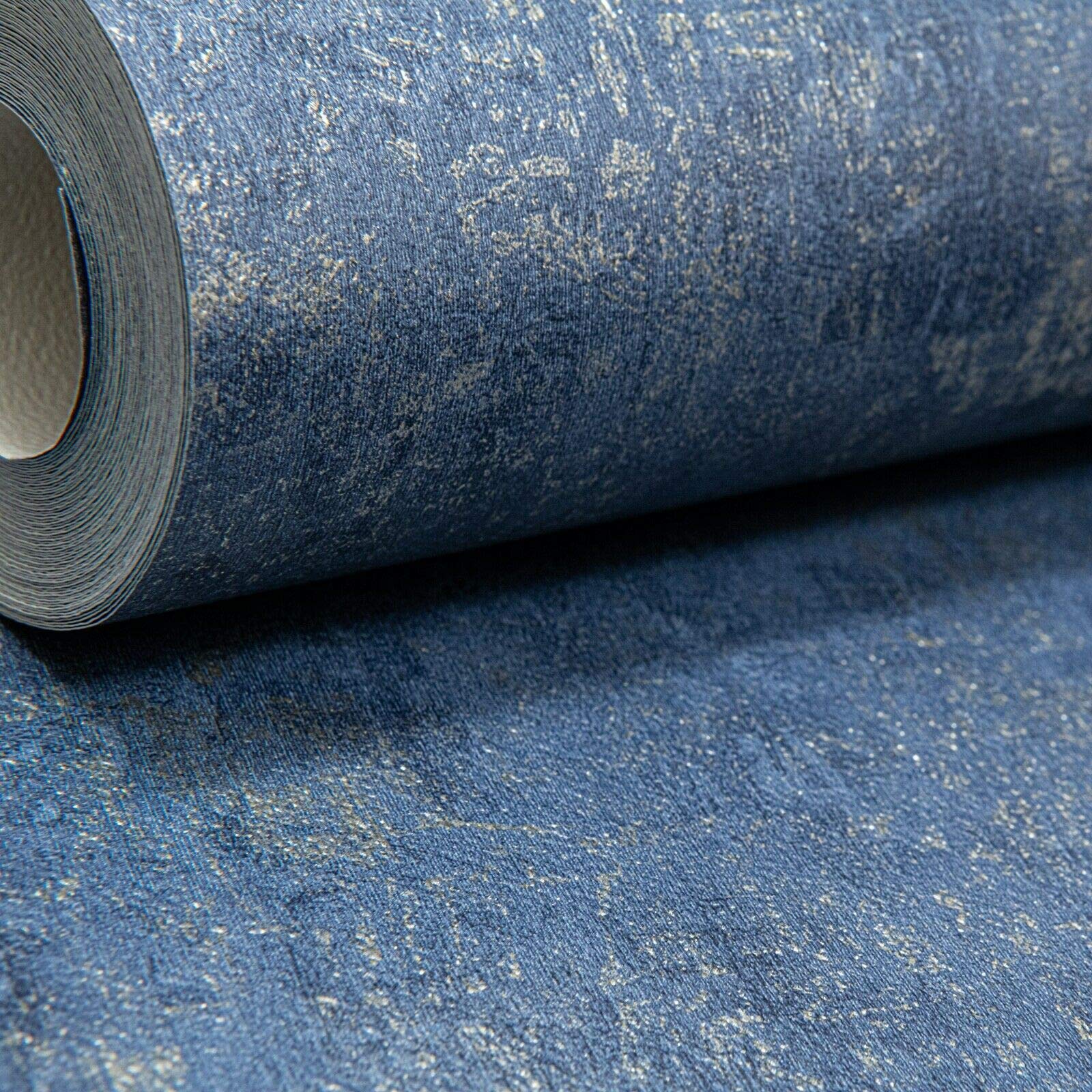 Muriva Blue, Navy, Gold Travis Texture Navy Blue Metallic Gold Shimmer Plain Distressed Wallpaper