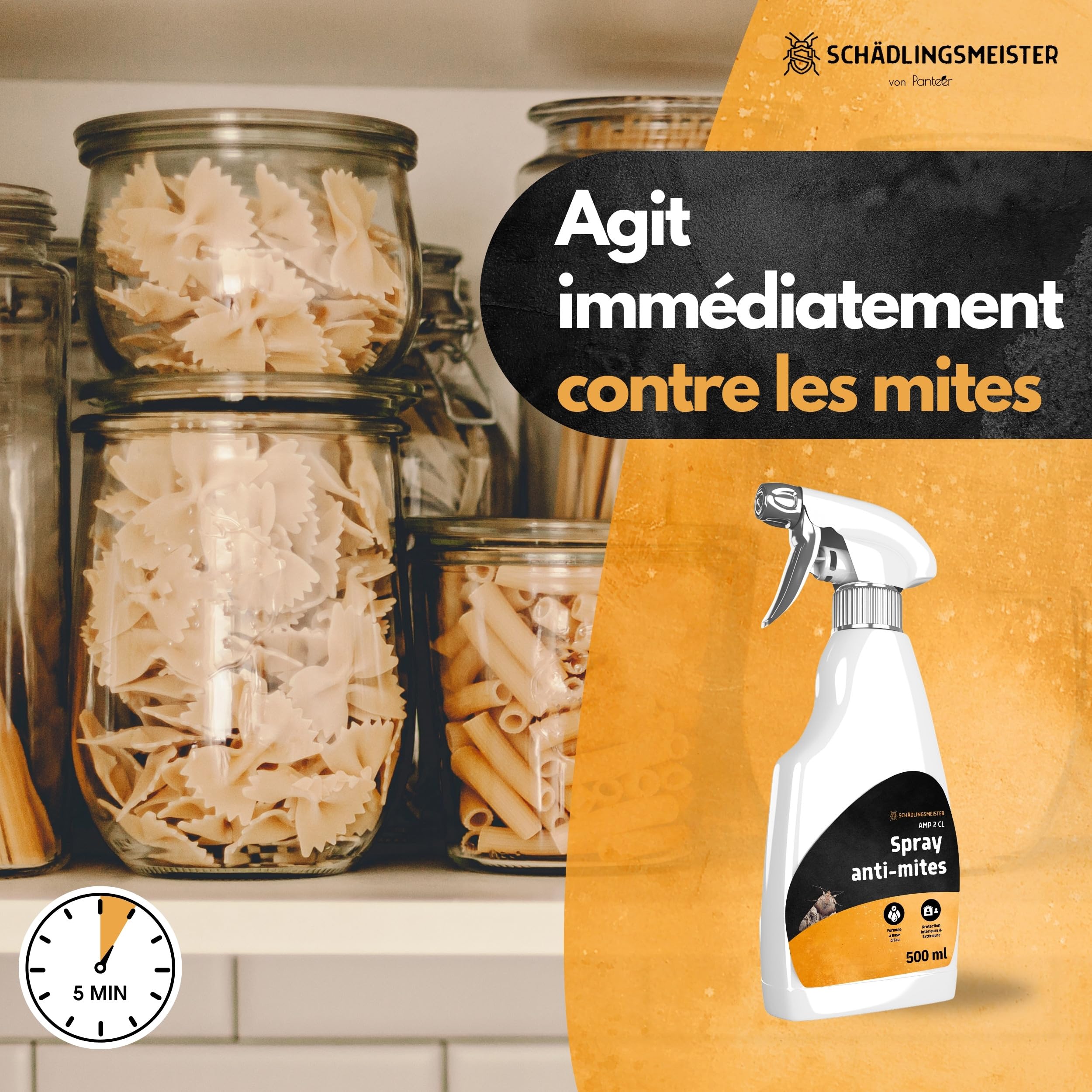 Panteer® Spray Anti-mites 500ML - Protection anti-mites contre les mites alimentaires et les mites des vêtements - combat les mites sans perméthrine, haute efficacité grâce à l'acétamipride - AMP 2 CL