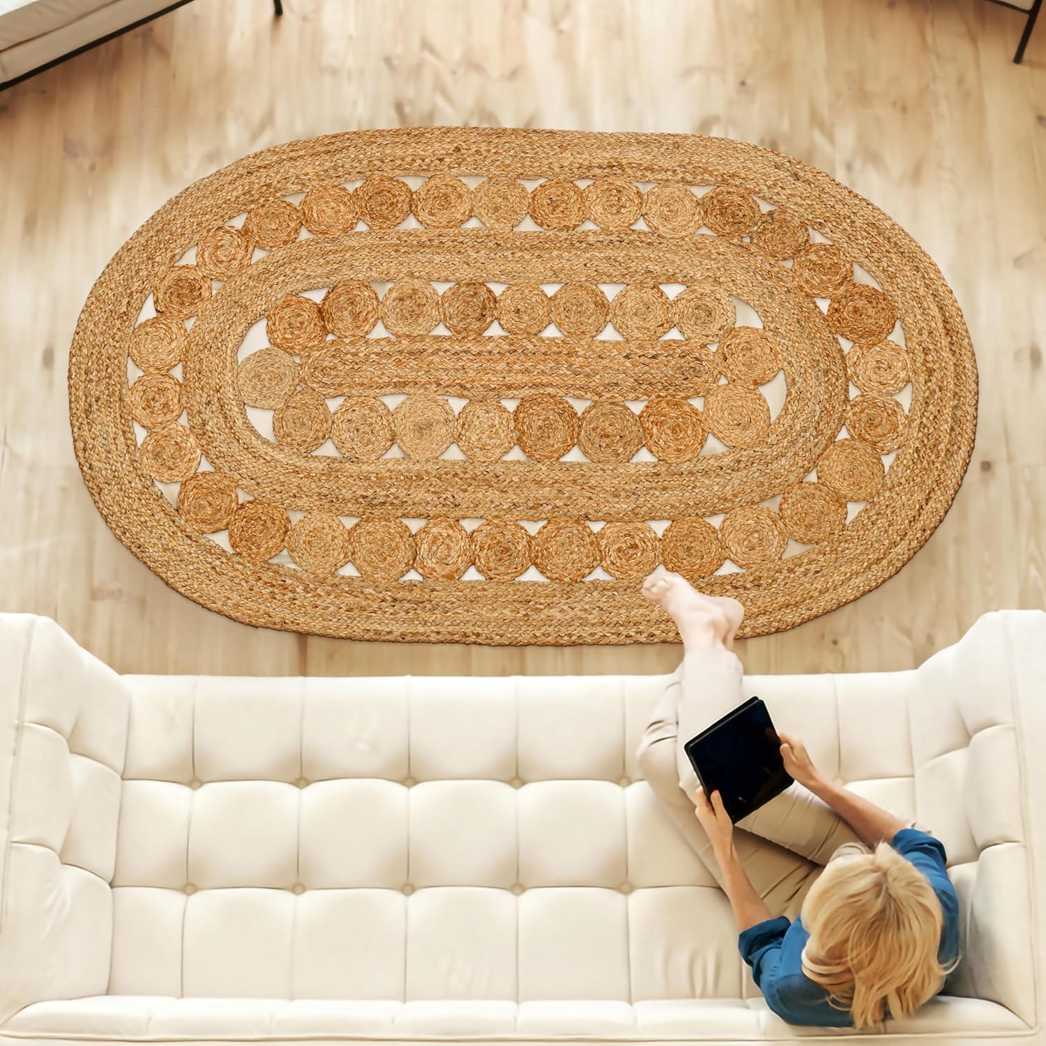 RIANGI Jute Boho Rug 4x6 Feet Jute Oval Rug Braided Jute