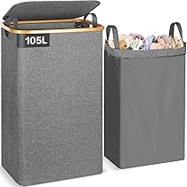 OUSFOT Cesto Portabiancheria Sporca per Bagno Grigio 105L Cesta Portabiancheria in Bambù con Coperchio Porta Biancheria Sporca con Manici Cesto Panni Sporchi
