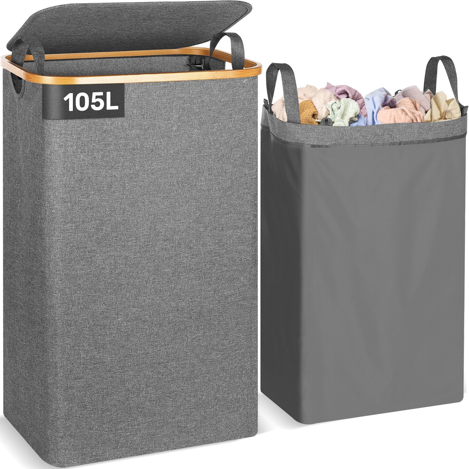 OUSFOT Wäschekorb mit Deckel 105L, Wäschesammler mit Griffen aus Bambus, Laundry Basket Wasserdicht aus 600D Oxford Stoff mit Abnehmbarem Wäschesack, Fronttasche, für Waschküche Schlafzimmer, Schwarz