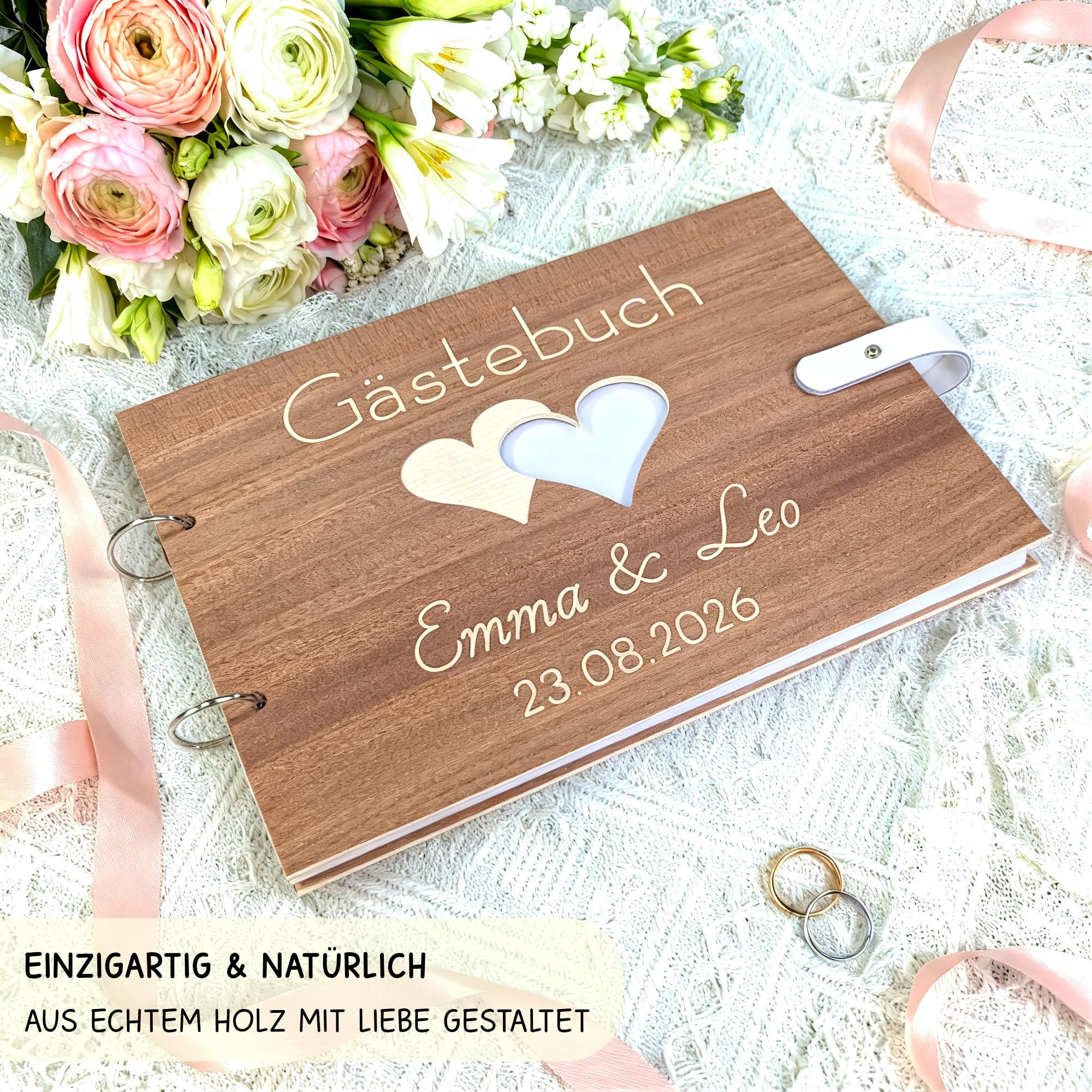 Großes Hochzeitsgästebuch aus Holz mit personalisierter Gravur & Lederverschluss – Edles DIN A4 Hochzeitsbuch mit 100 Seiten Blanko Papier – Personalisiertes Erinnerungsbuch für Fotos