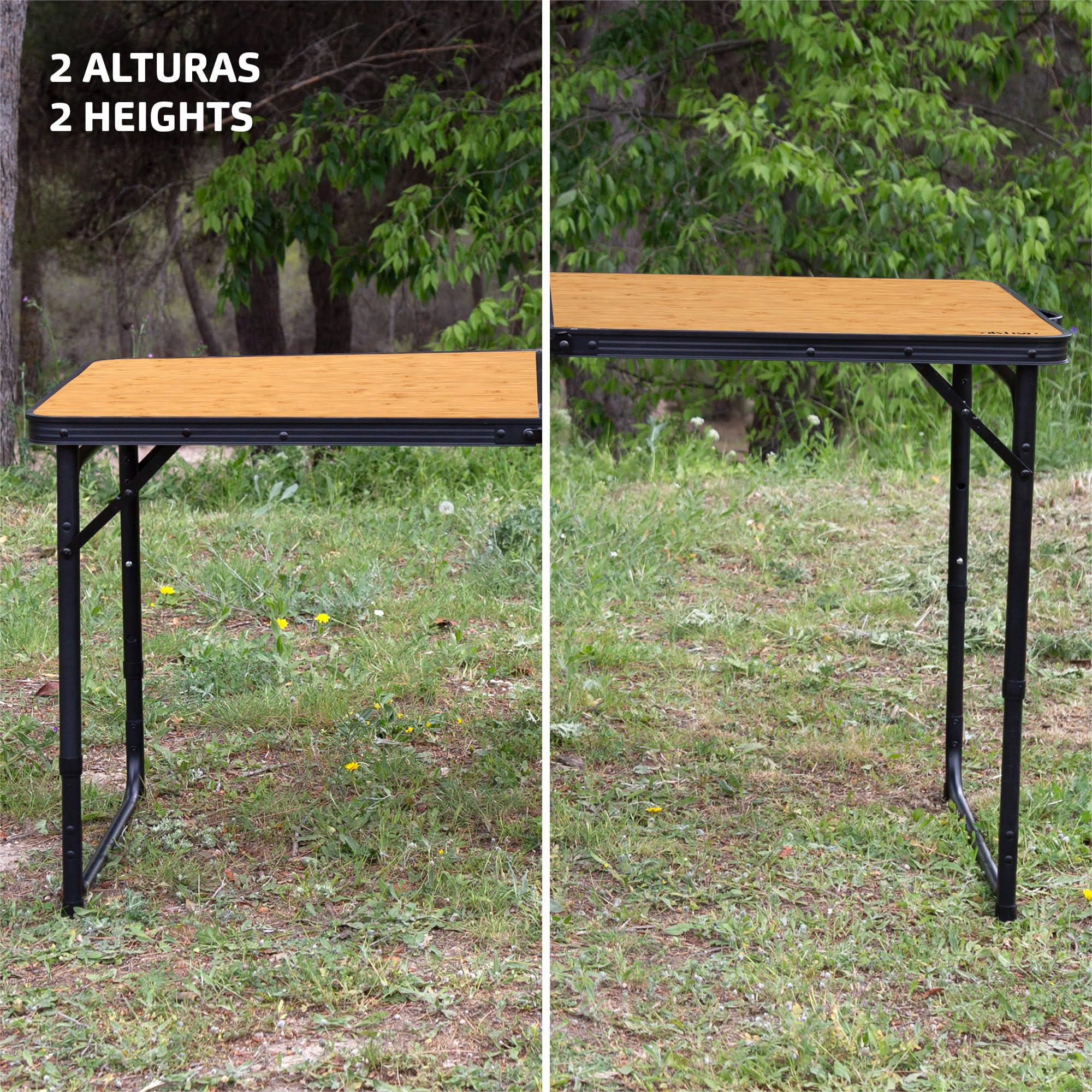 AKTIVE 63162 składany stół aluminiowy z 4 stalowymi stołkami, regulacja wysokości 60/70 cm, powierzchnia 120 x 60 cm, wykończenie bambusowe, przenośna konstrukcja z uchwytem na kemping, plażę i do