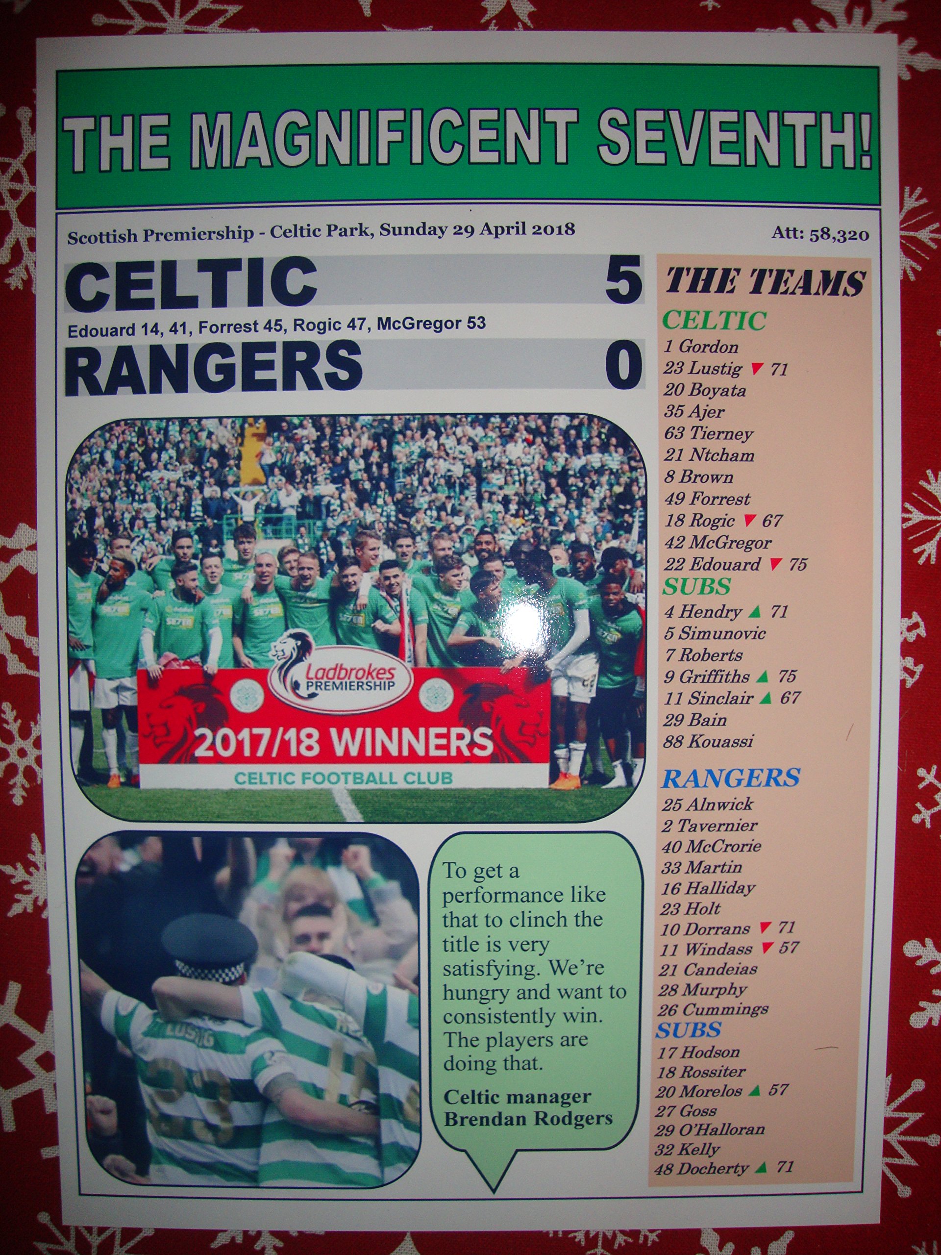 Celtic 5 Rangers 0-2018 - Celtic champions - souvenir print