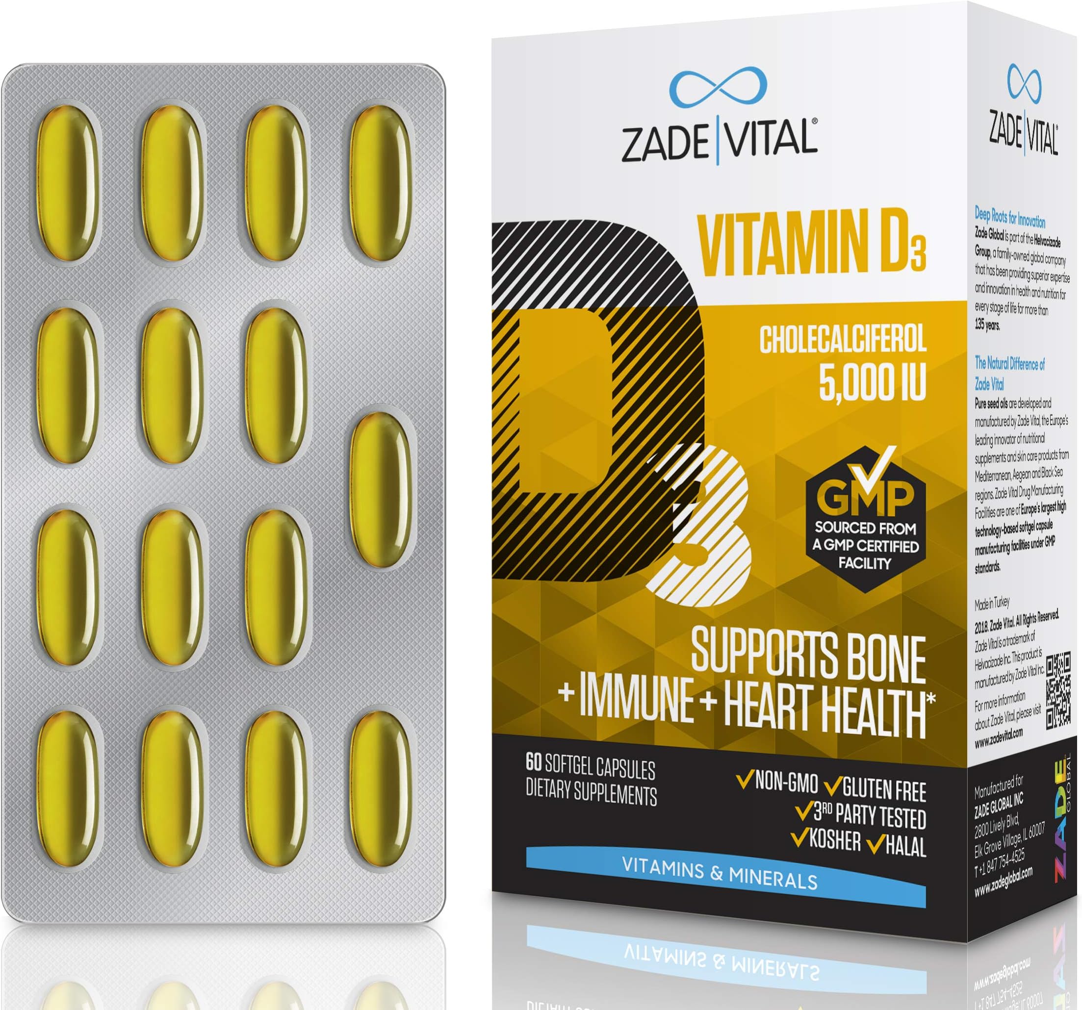 Zade Vital Vitamin D3 (5,000 IU), Cholecalciferol, Support Immune, Bone and Heart Health, Dietary Supplement, 60 Softgel Capsules, Non GMO, Gluten Free, Kosher, Halal, GMP, 2 Months Supply