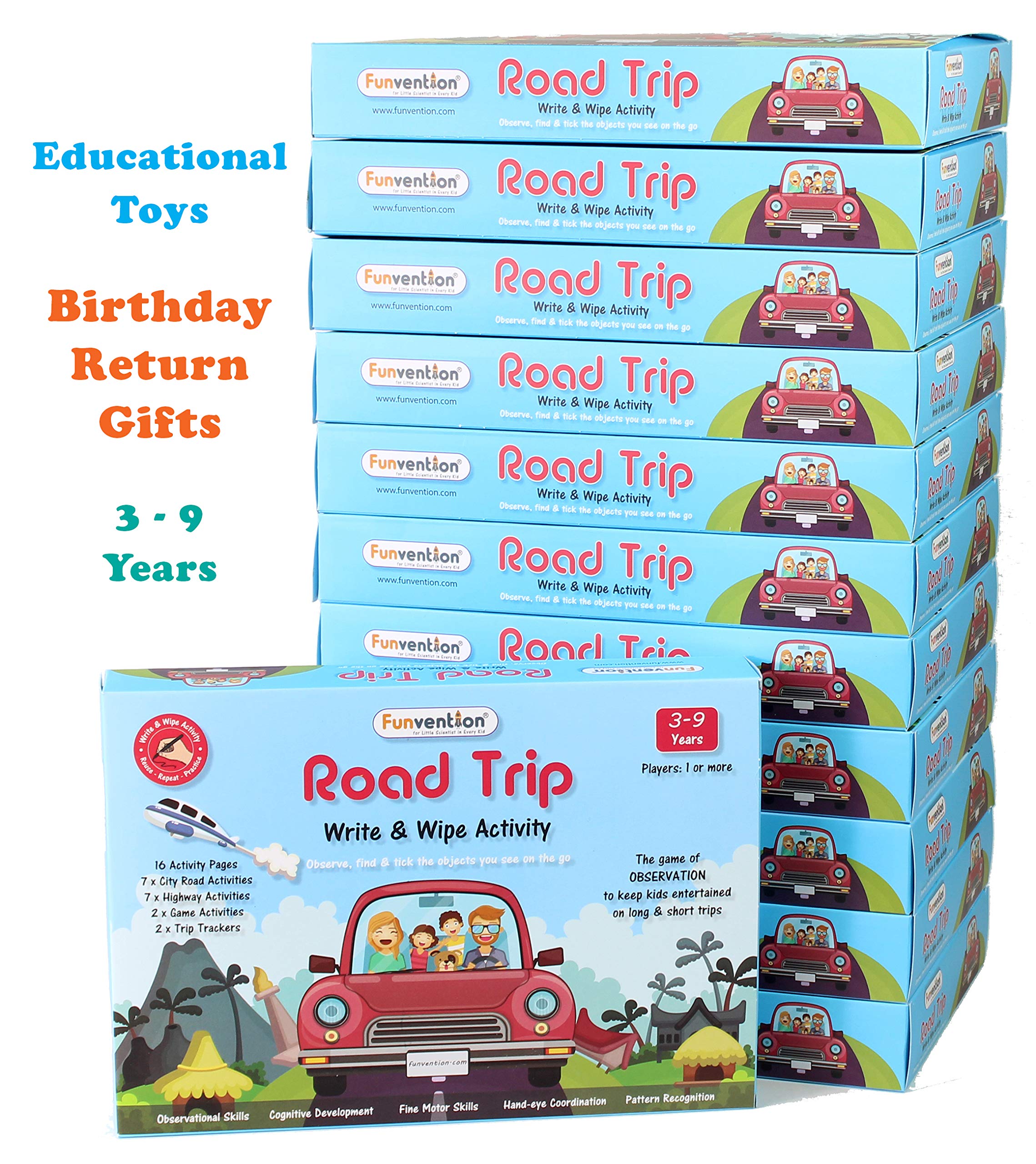 Funvention- for Little Scientist in Every Kid Road Trip: Write and Wipe Activity Sheets -Observational Educational Game: Birthday (Pack of 12) Birthday Return Gifts
