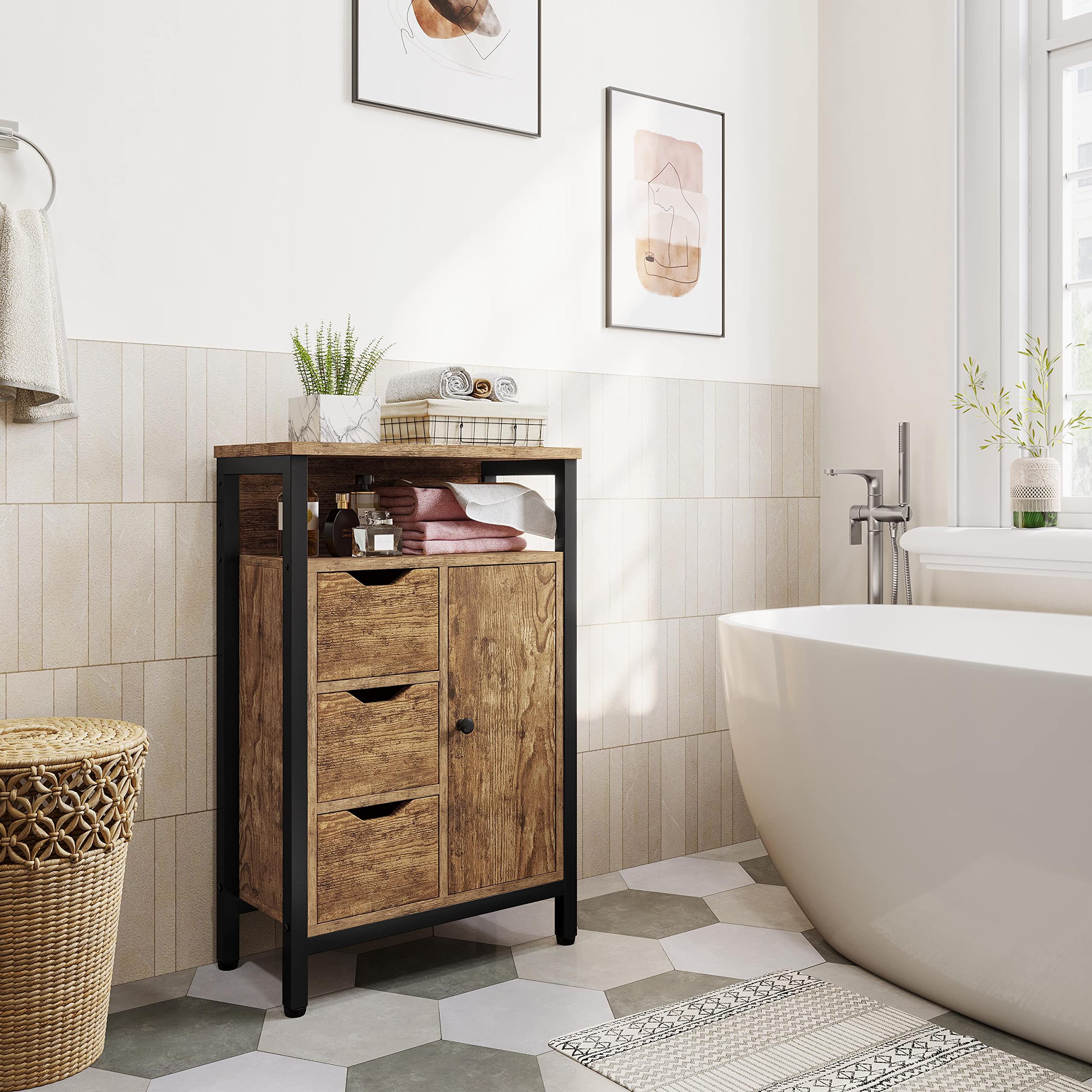 Yaheetech Meuble de Rangement Salle de Bains, 55,5× 30× 86,5 cm Brun | Armoire sur Pieds, Buffet Multifonctionnel Industrielle, avec 3 Tiroirs et 2 Etagères Réglables, pour Salon, Cuisine, Chambre