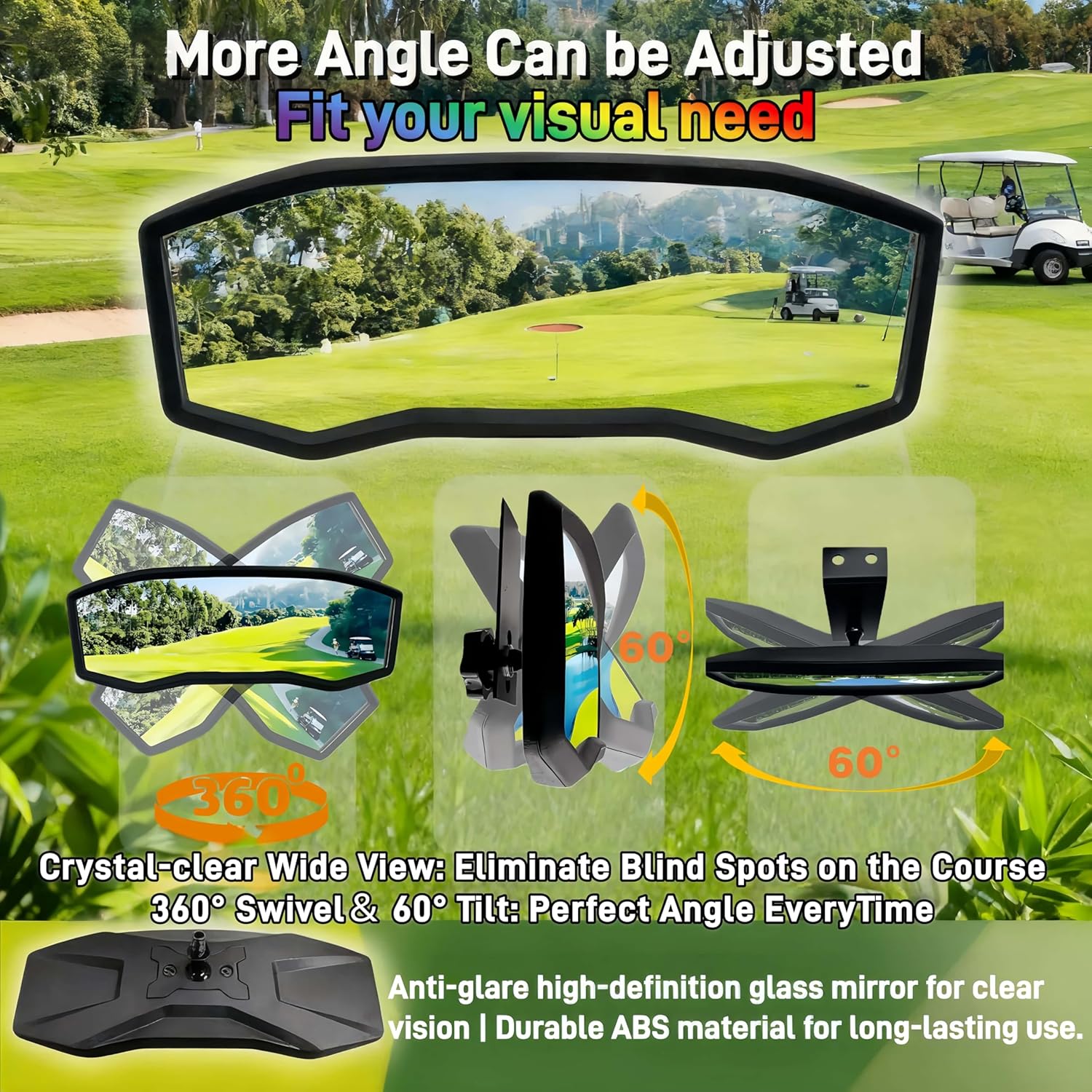 Golf Cart Rear View Mirror - Universal Racing Style Mirror with 3 Installation Kits & 360° Adjustable Ball Joint, Wide-Angle Clear HD Glass, Fits EZGO, Yamaha, Club Car, EPIC Golf Carts