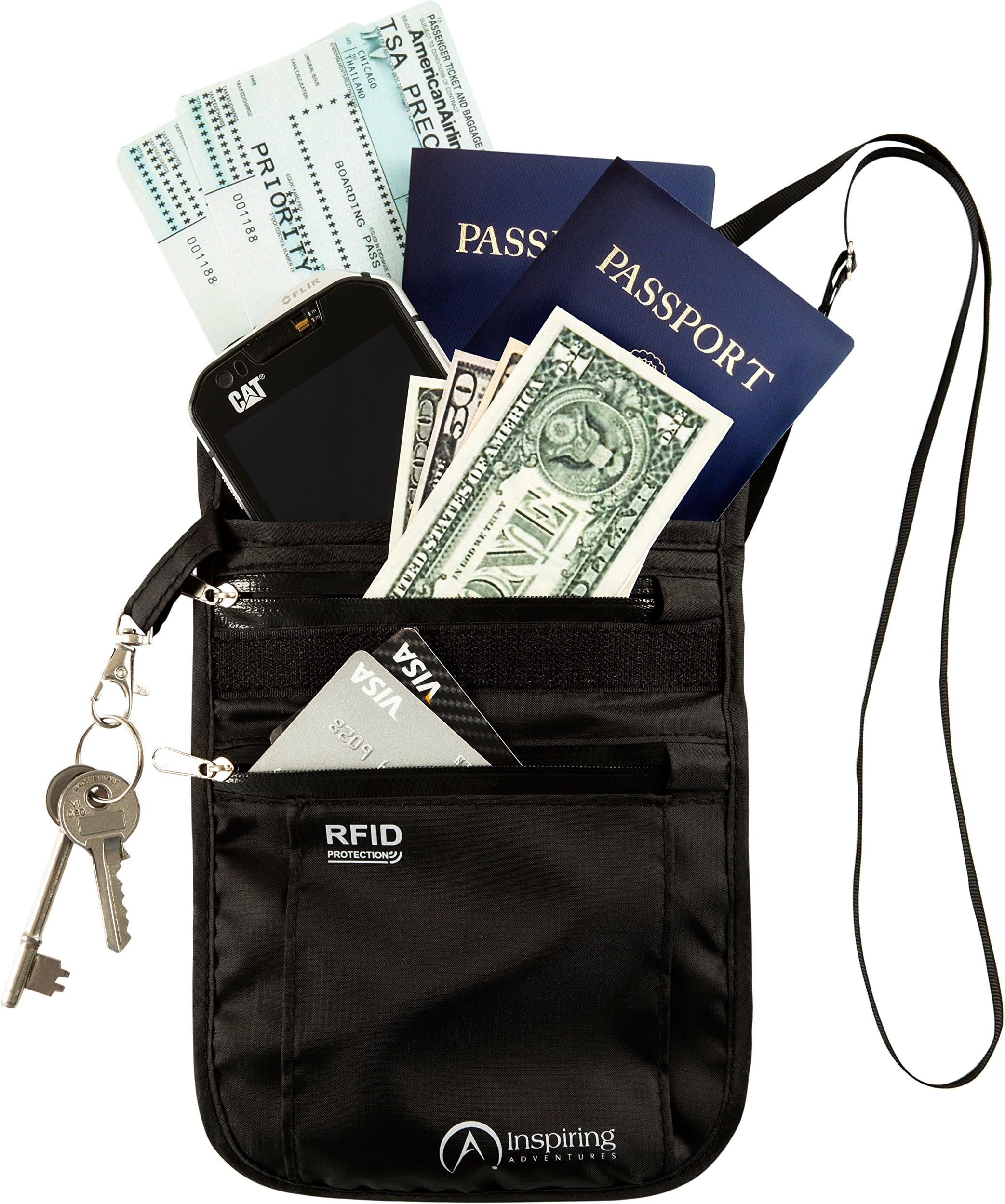 Travel Neck Wallet - RFID Blocking Security – Water Resistant Hidden Neck Stash - Passport Holder & Money Pouch with Adjustable Strap by Inspiring Adventures