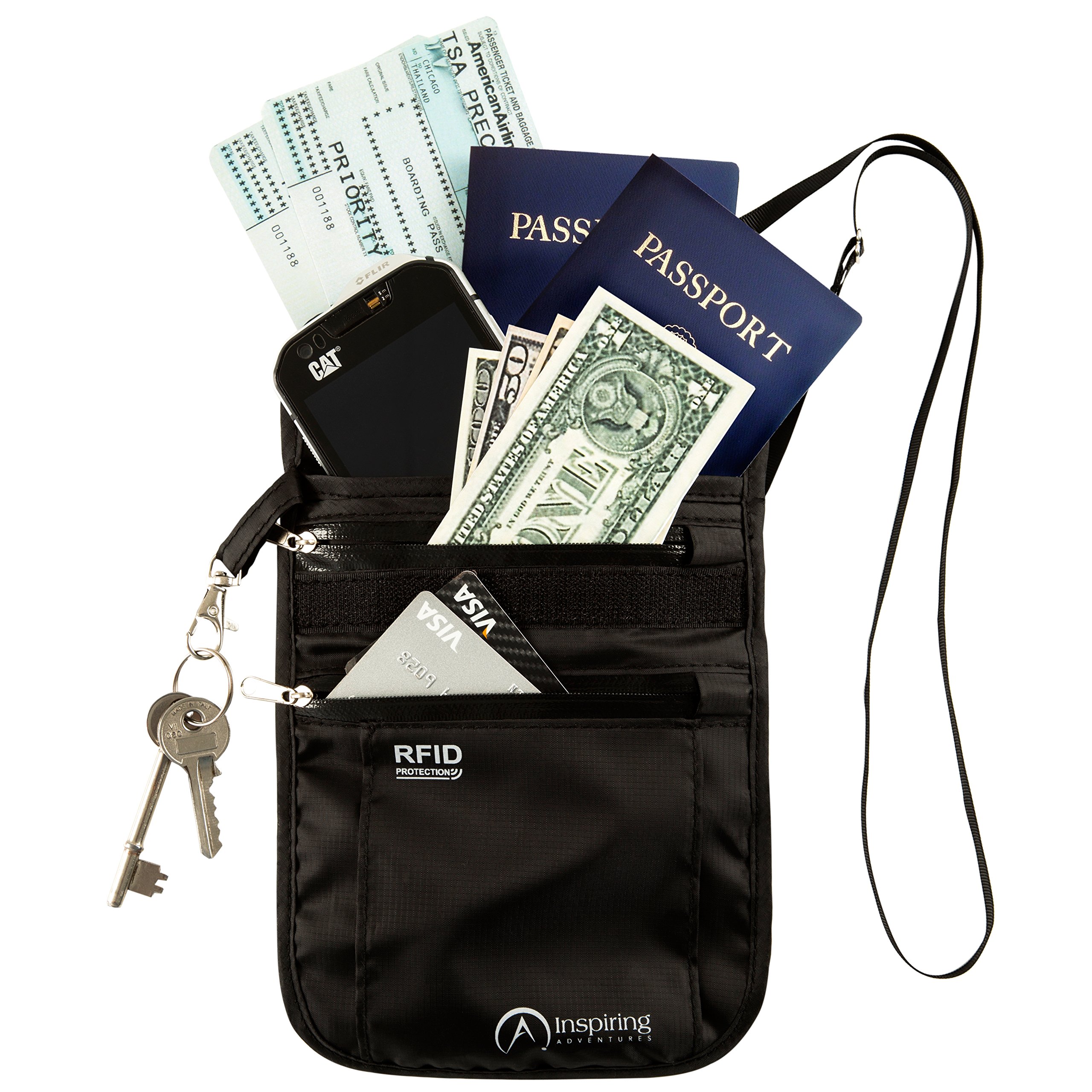 Travel Neck Wallet - RFID Blocking Security – Water Resistant Hidden Neck Stash - Passport Holder & Money Pouch with Adjustable Strap by Inspiring Adventures