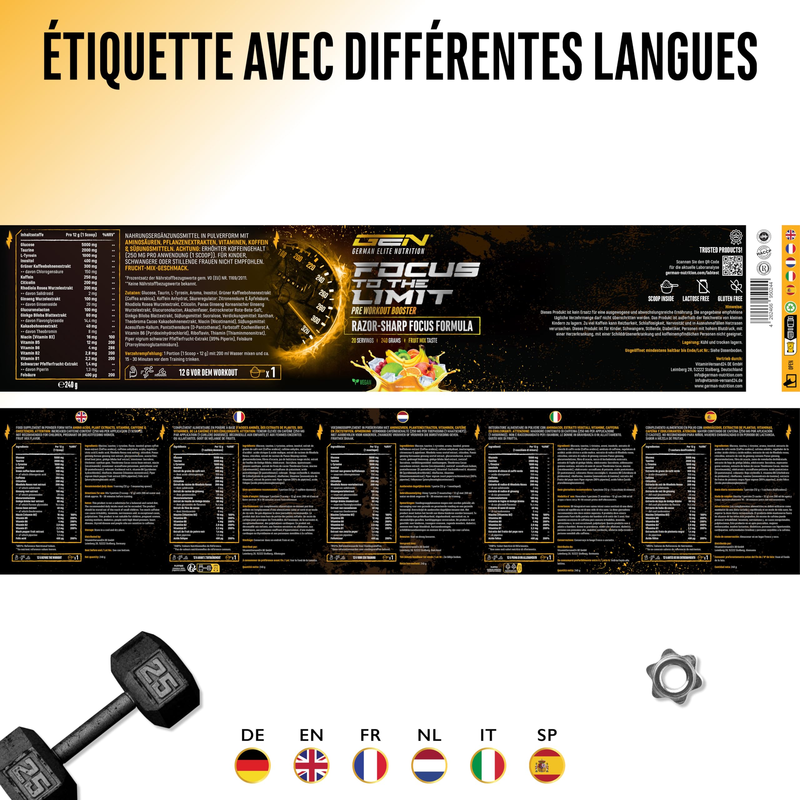 Focus to the Limit - Pre Workout hautement dosé avec L-Tyrosine + Taurine + Inositol + Extrait de Ginkgo + Citicoline + Rhodiola rosea + Caféine & Vitamines - (240 g, goût Mélange de fruits)