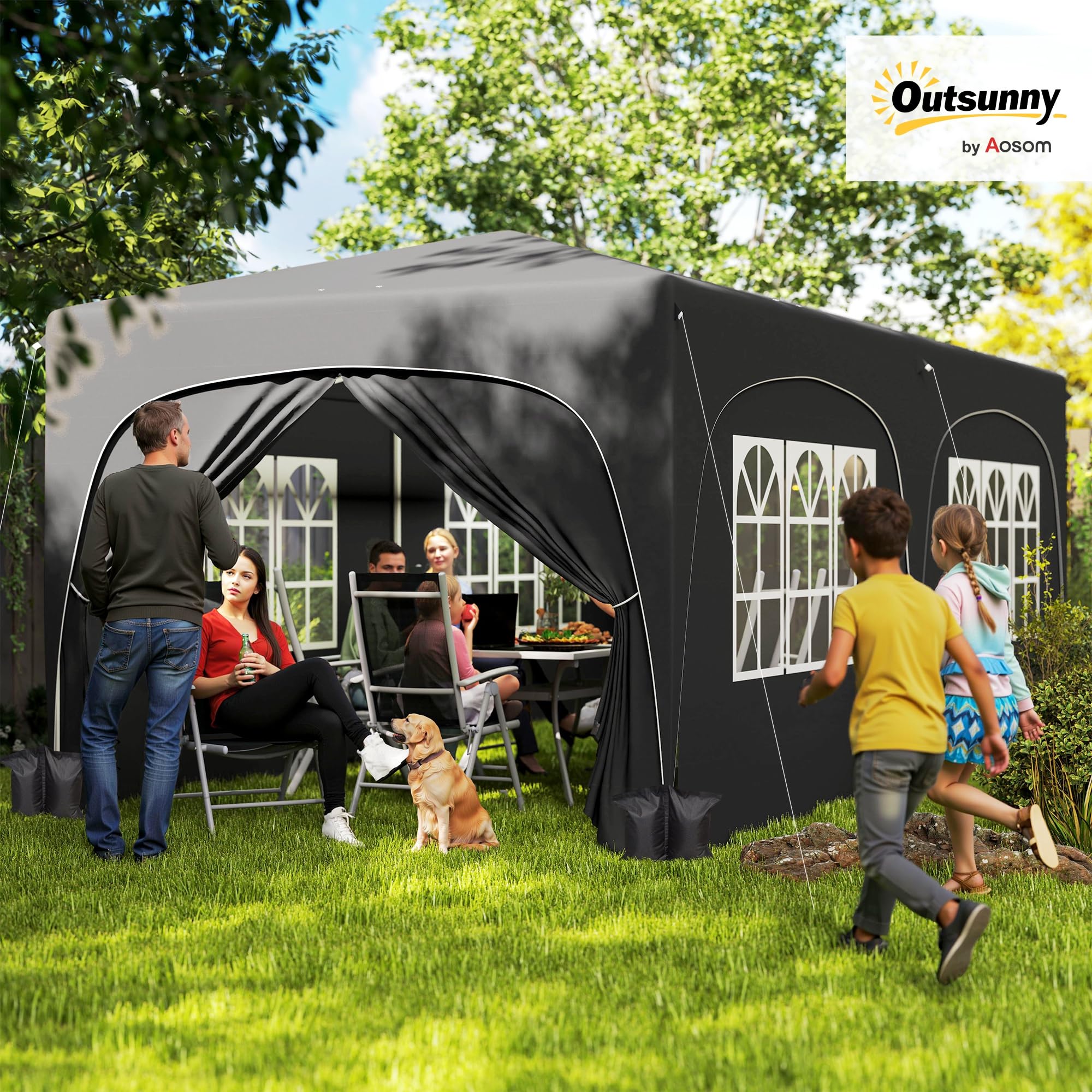 Outsunny Carpa Plegable 3x6 m, Cenador Pabellón de Jardín con Altura Ajustable de 3 Niveles, 4 Paredes Laterales, Ventanas y Bolsa Transporte, UPF50+, Impermeable para Fiestas, Exterior, Gris Oscuro