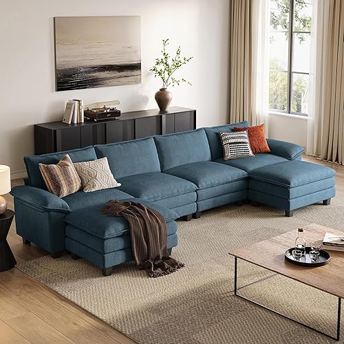 Miniatura 20 de LINSY HOME Sofá Seccional Modular de 123'' Sofá Verde de Pana Nube para Sala de Estar, Sofá en Forma de L con Otomana Móvil, Sofás Seccionales