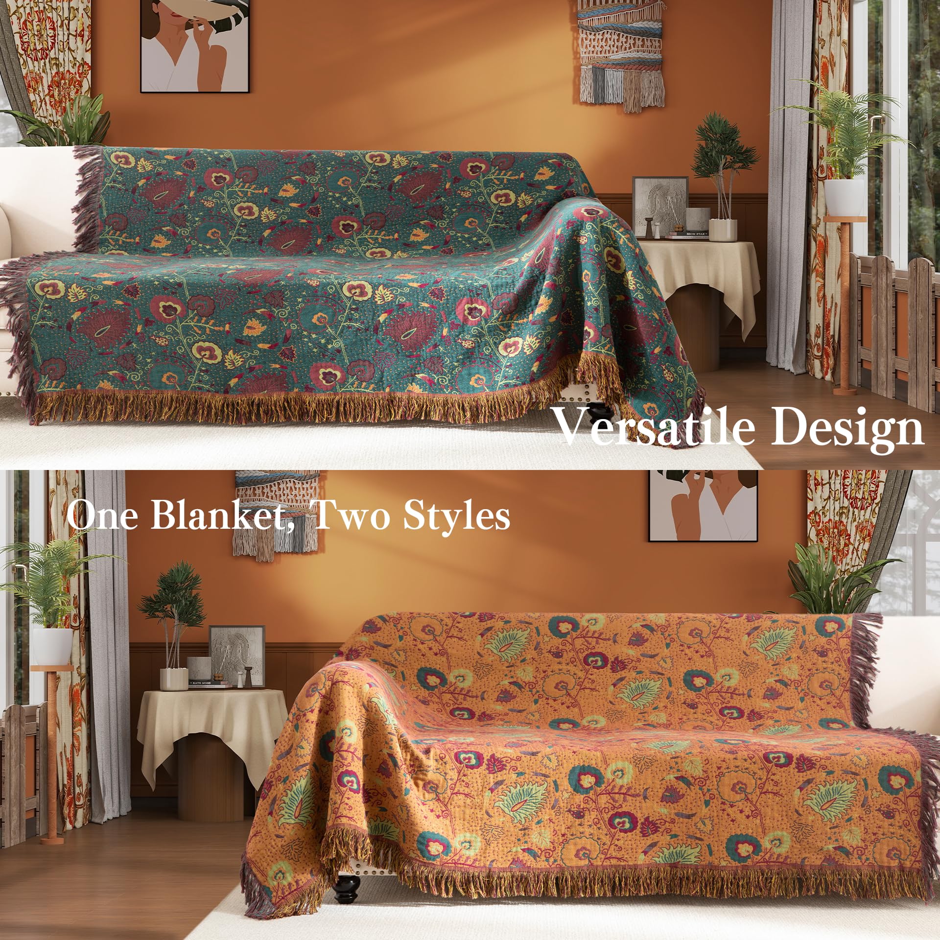 Boho Cotton Muslin Throw Blanket 60x80 | Reversible Floral Pattern, Soft For Bed, Couch, Or Decor