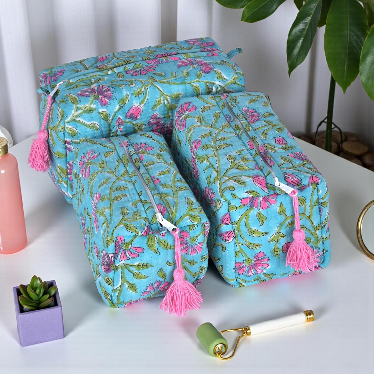 Quilted Floral Block Print Makeup Bag Set of 3 – Cotton Travel Toiletry and Makeup Organizer, Cosmetic Pouch, Toiletry Bag for Women, Cute Boho Coquette Make Up Bags for Women (Small, Medium, Large)