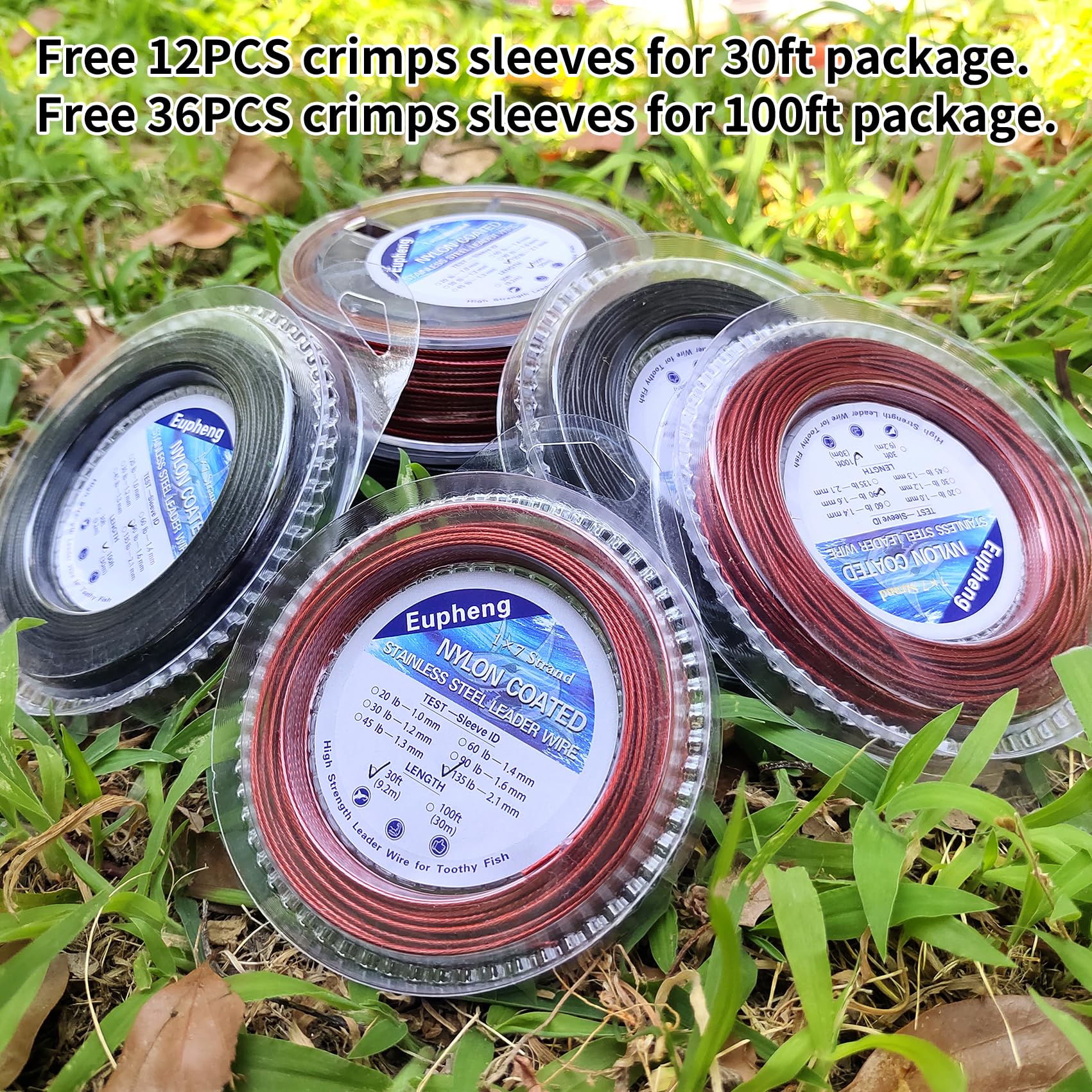 Eupheng Alambre líder de acero inoxidable recubierto de nailon de 1 x 7 y 7 x 7, línea líder de alambre de pesca para agua salada, prueba de 20 libras a 135 libras en negro, rojo en 30 pies, 100 pies