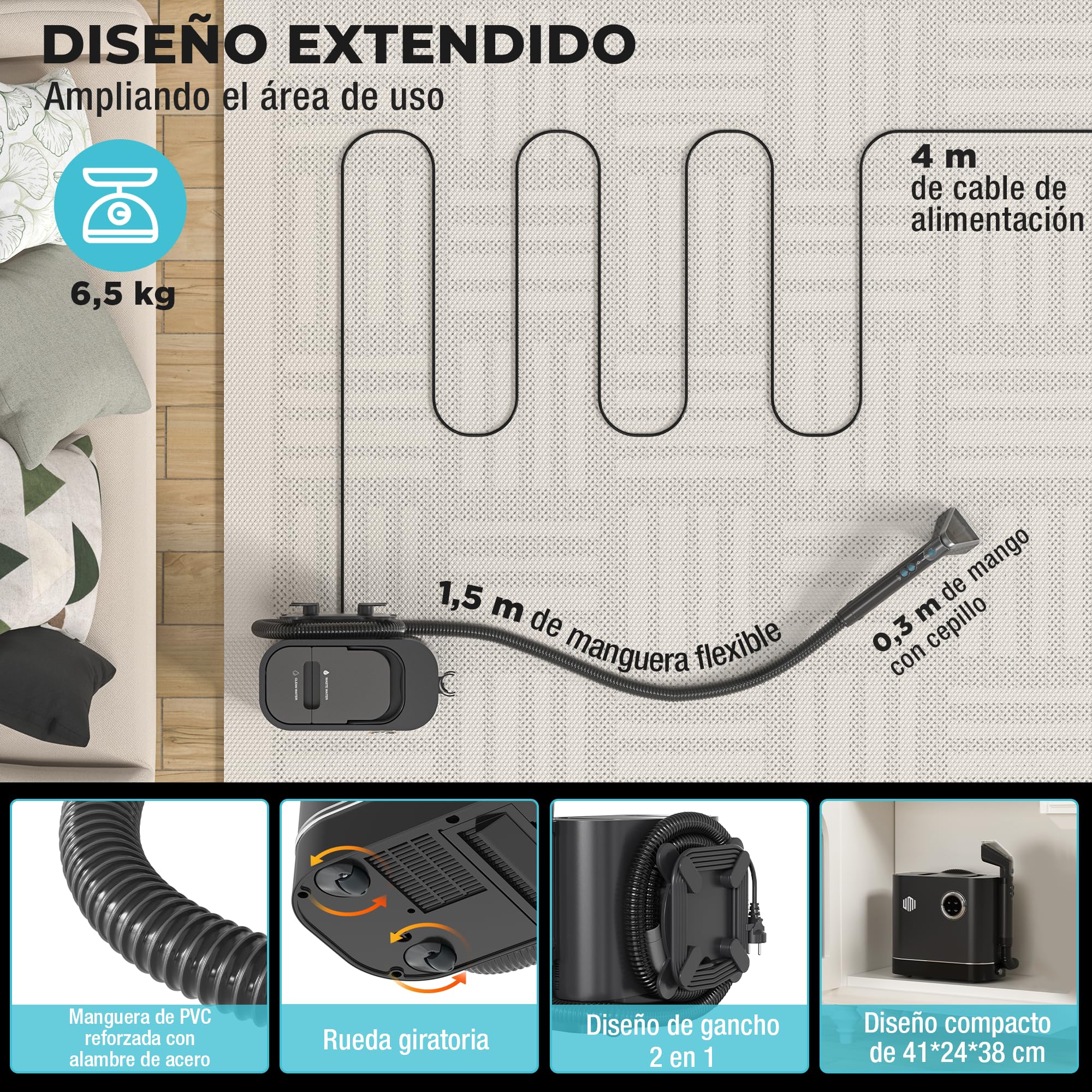 UMI Limpiador a Vapor y Aspiradora de Tapicerías, Limpieza Profunda | con 4 Modos, Calefacción 1200W, con Detergente y Cepillos, Para Sofás Colchones Alfombras, Depósitos 1,2L y 1,1L