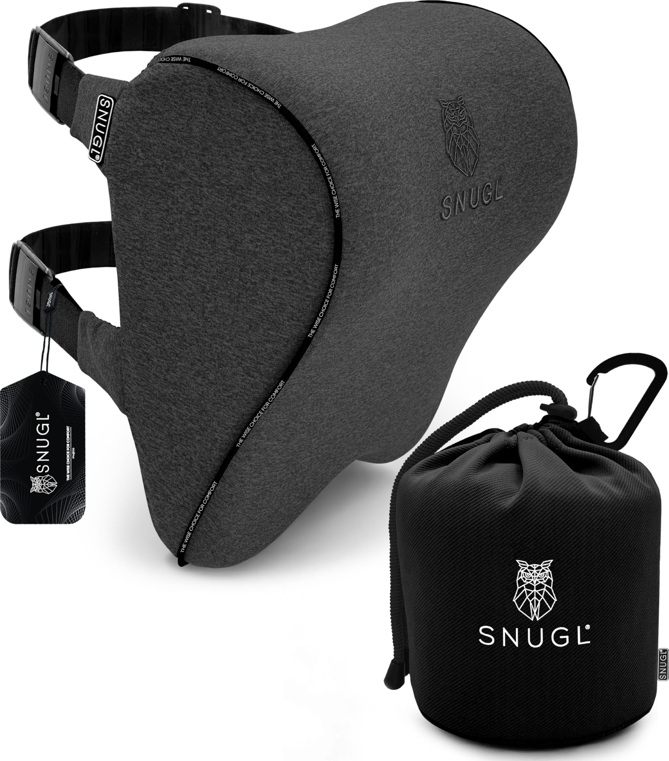 SNUGL Car Headrest Pillow | Memory Foam Car Neck Pillow - Car Seat Head Support with Two Adjustable Straps & Removable Cover, Head Rest Pillow for Car with Ergonomic Design (Grey)
