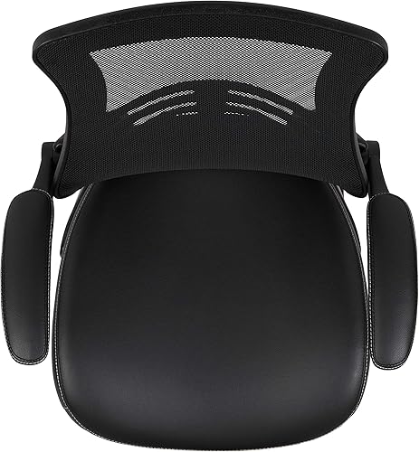 Miniatura 7 de EMMA + OLIVER Silla de recepción lateral con base de trineo de malla negra con asiento LeatherSoft y brazos abatibles