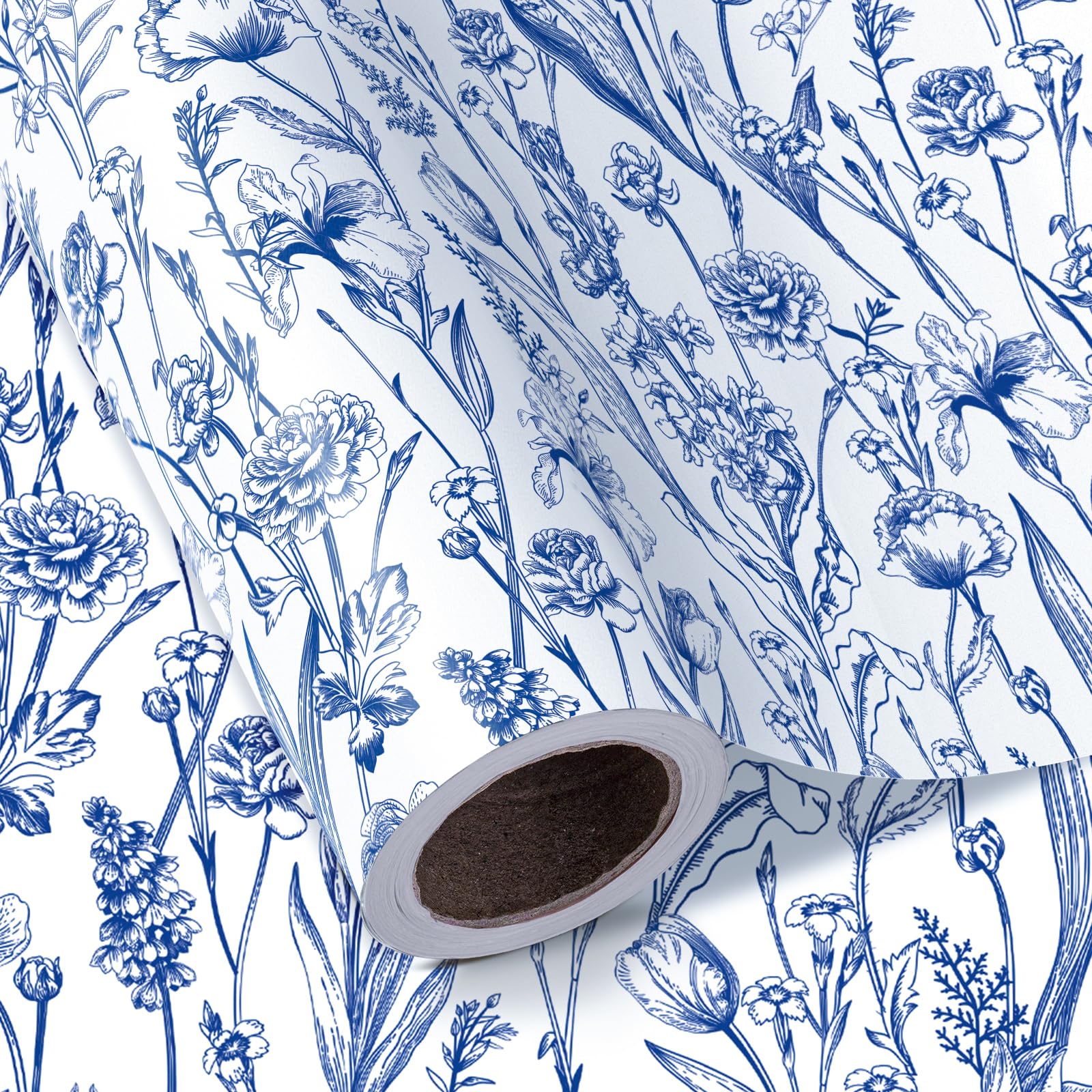 WRAPAHOLIC Blue White Floral Wrapping Paper - Mini Roll - 17 Inch x 16.5 Feet - Blue Toile Plant and Garden Flower Wrapping Paper Perfect for Wedding, Birthday, Bridal Shower, Tea Party