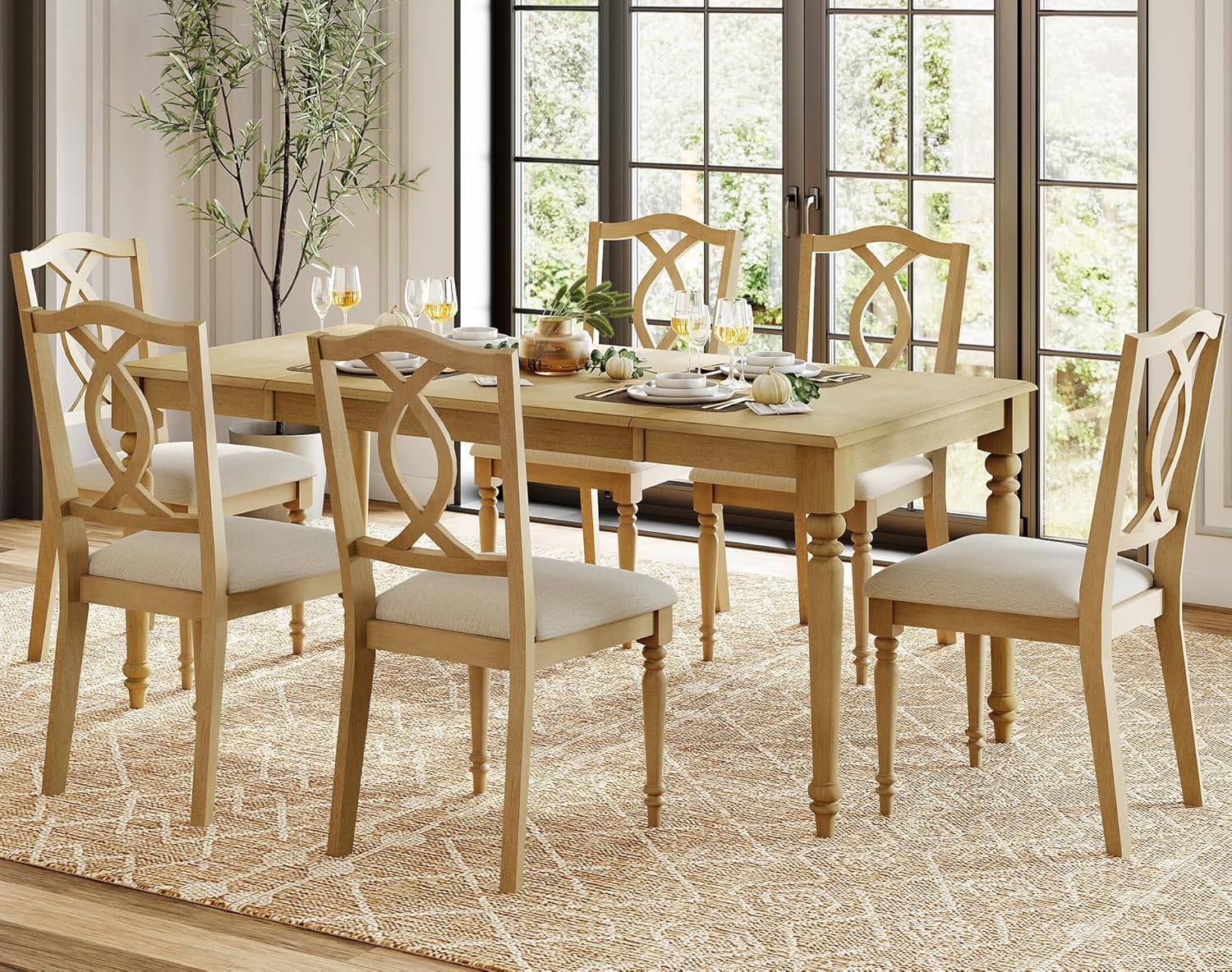 WAMPAT 7-Piece Dining Table Set for 6, Farmhouse Dining Room Set Includes 70 Inch Dinner Table & 6 Cross-Back Dining Chairs, Solid Wood Dining Set for Kitchen, Oak