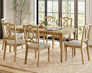 WAMPAT 7-Piece Dining Table Set for 6, Farmhouse Dining Room Set Includes 70 Inch Dinner Table & 6 Cross-Back Dining Chairs, Solid Wood Dining Set for Kitchen, Oak