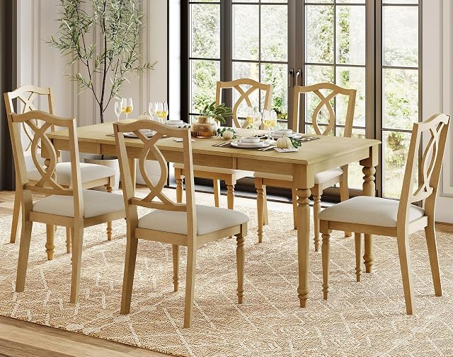 WAMPAT 7-Piece Dining Table Set for 6, Farmhouse Dining Room Set Includes 70 Inch Dinner Table & 6 Cross-Back Dining Chairs, Solid Wood Dining Set for Kitchen, Oak