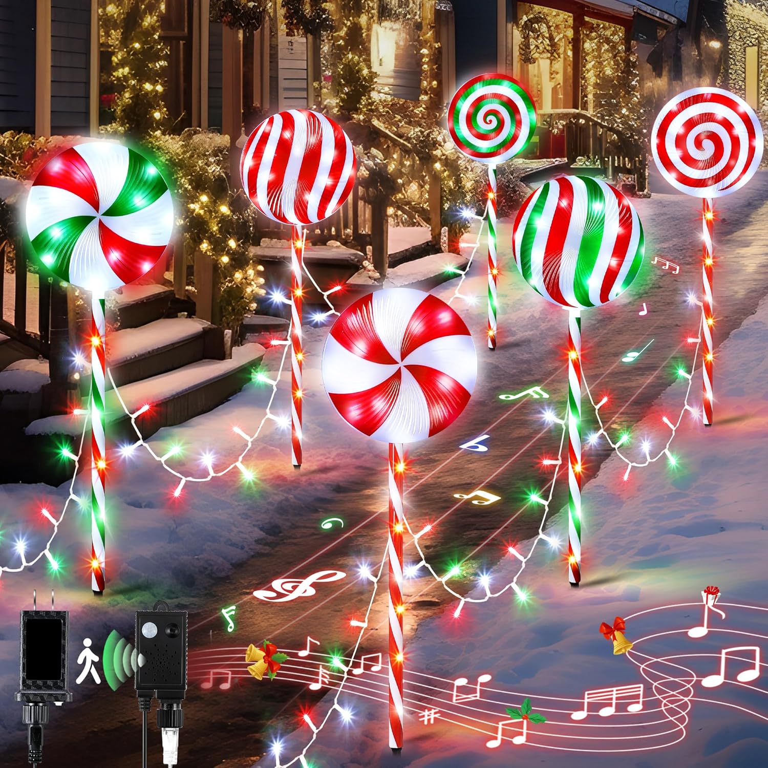 Christmas Lollipop Pathway Lights Outdoor, 27.5 Inch Peppermint Pathway Lights, Set of 6 Outdoor Christmas Decorations with 5 Modes and Music for Holiday Patio Yard Garden(Mixed Color)