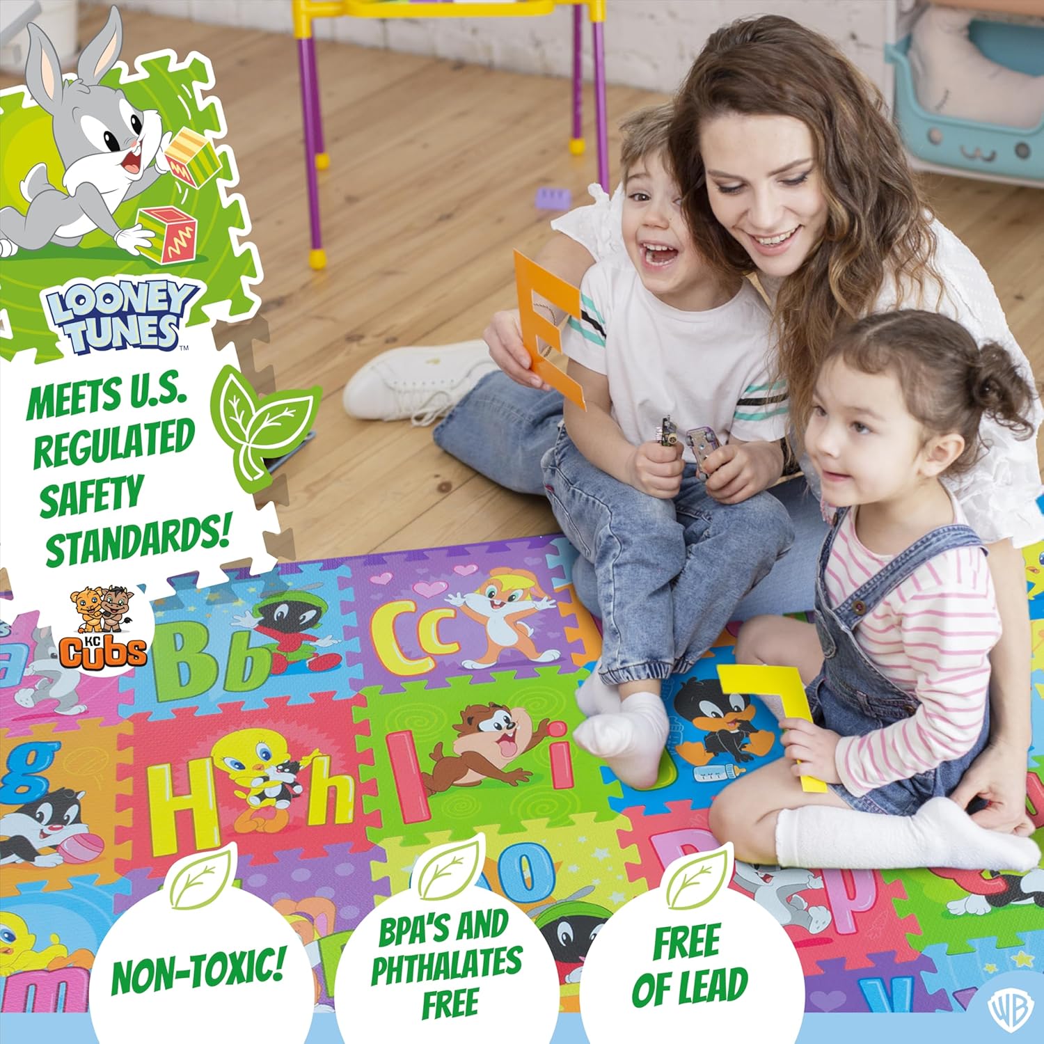 Looney Tunes ABC, Numbers & Shapes EVA Foam Puzzle Mat Non-Toxic Play Mat for Tummy Time, Kids Preschool & Nursery - 36 Tiles, 12x12”, 24 Borders - Educational Playmat for Toddlers & Children, KC Cubs