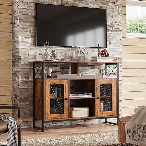 Miniatura 2 de WLIVE Soporte para TV de 43 Pulgadas, Pequeño Centro de Entretenimiento con Gabinete de Almacenamiento y Estantes Ajustables, Soporte de TV Marrón