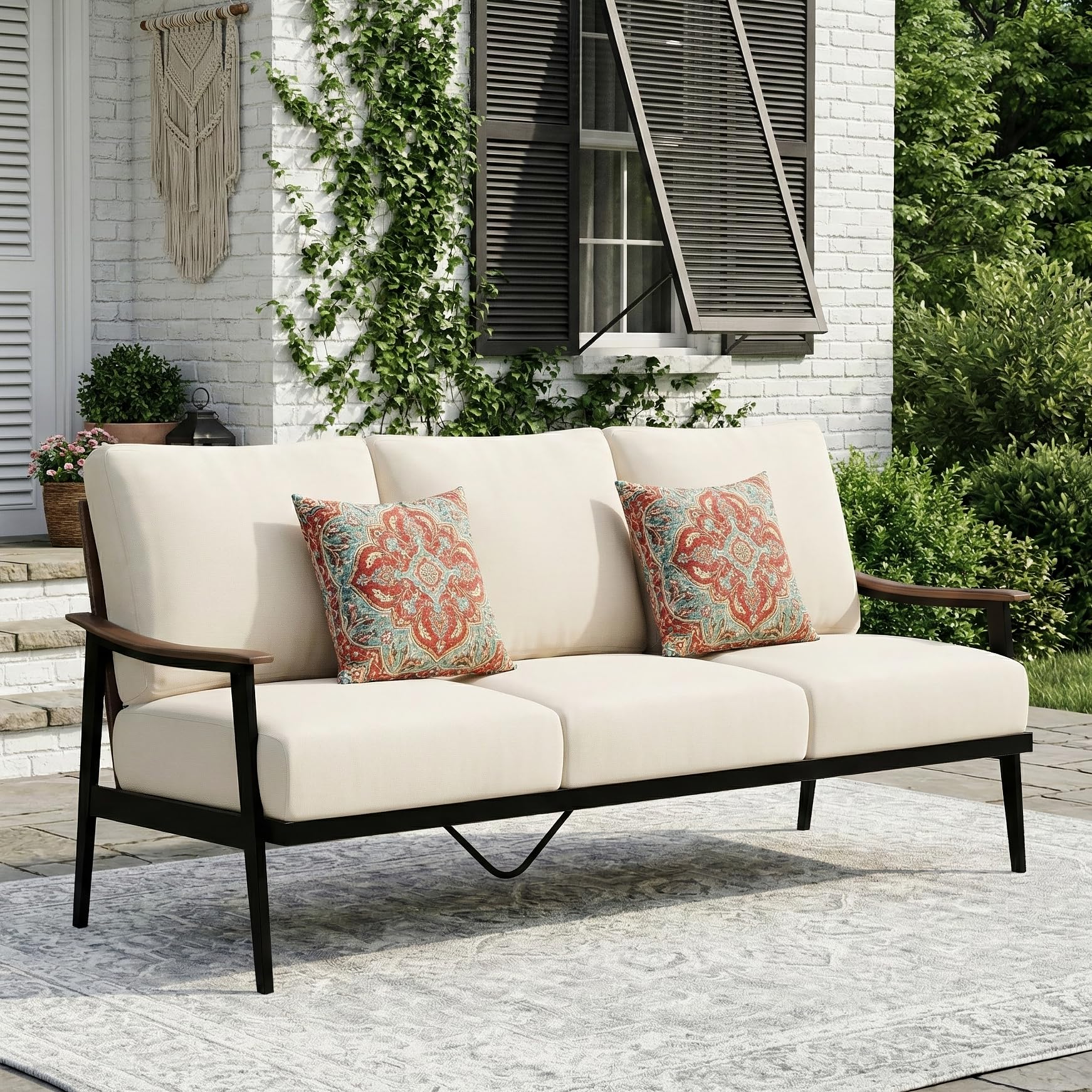 NATURAL EXPRESSIONS Patio Sofa Outdoor Furniture Metal Chair with Wicker Backrest & 6 Inches Cushion for Indoor, Front Porch, Deck, Balcony, Backyard, Sunroom, 73.35"(L) x 29.75"(W) x 33.86"(H).