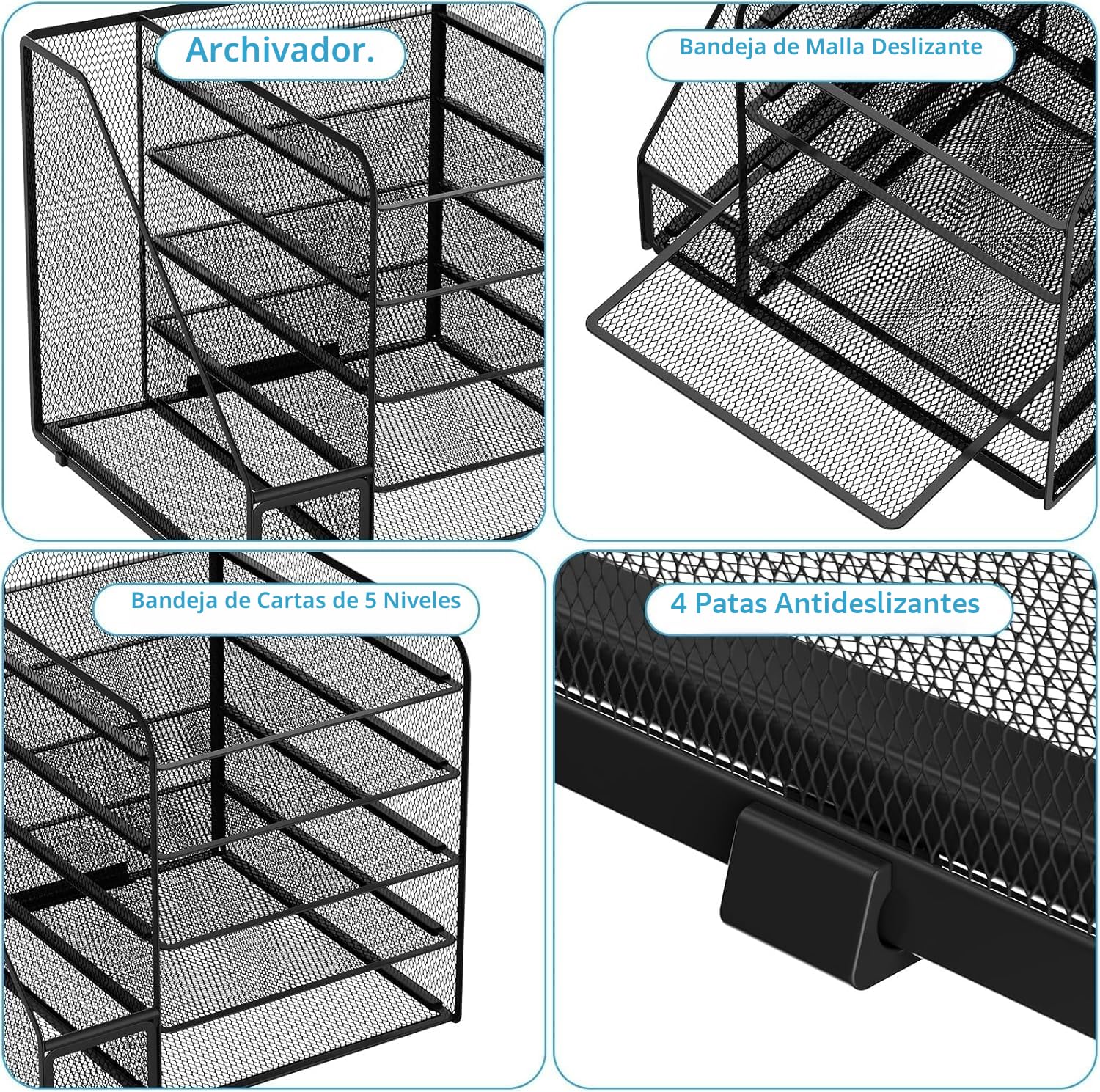 Marbrasse Organizador de Escritorio,5 Niveles Malla Papel Organizador, Archivo Estantería para Oficina Casa Accesorios(Negro)