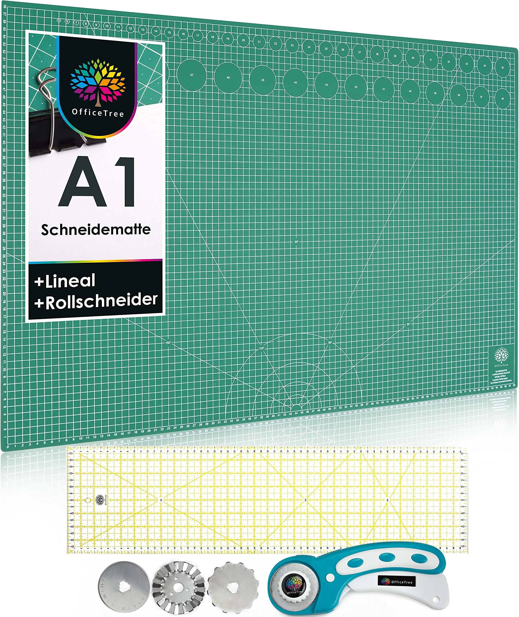 OfficeTree Cutting Mat A1 Set - Quilting/Sewing Set - Craft Mat A1 Green + Rotary Cutter + Ruler 60 x 16 cm for professional Cutting Work (Green)