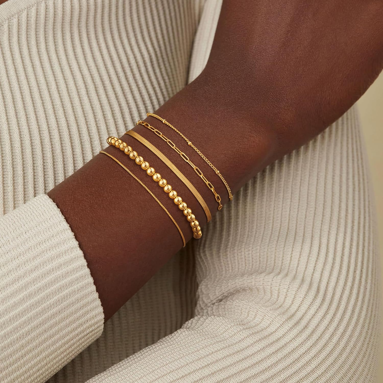 Stack Dainty Gold Plated Beaded Bracelets Set for Women Trendy Tarnish Stackable Pack Layered 14K Chain Paperclip Bracelet Accessories Stacking Small Simple Adjustable Vintage Jewelry Gifts - Image 5